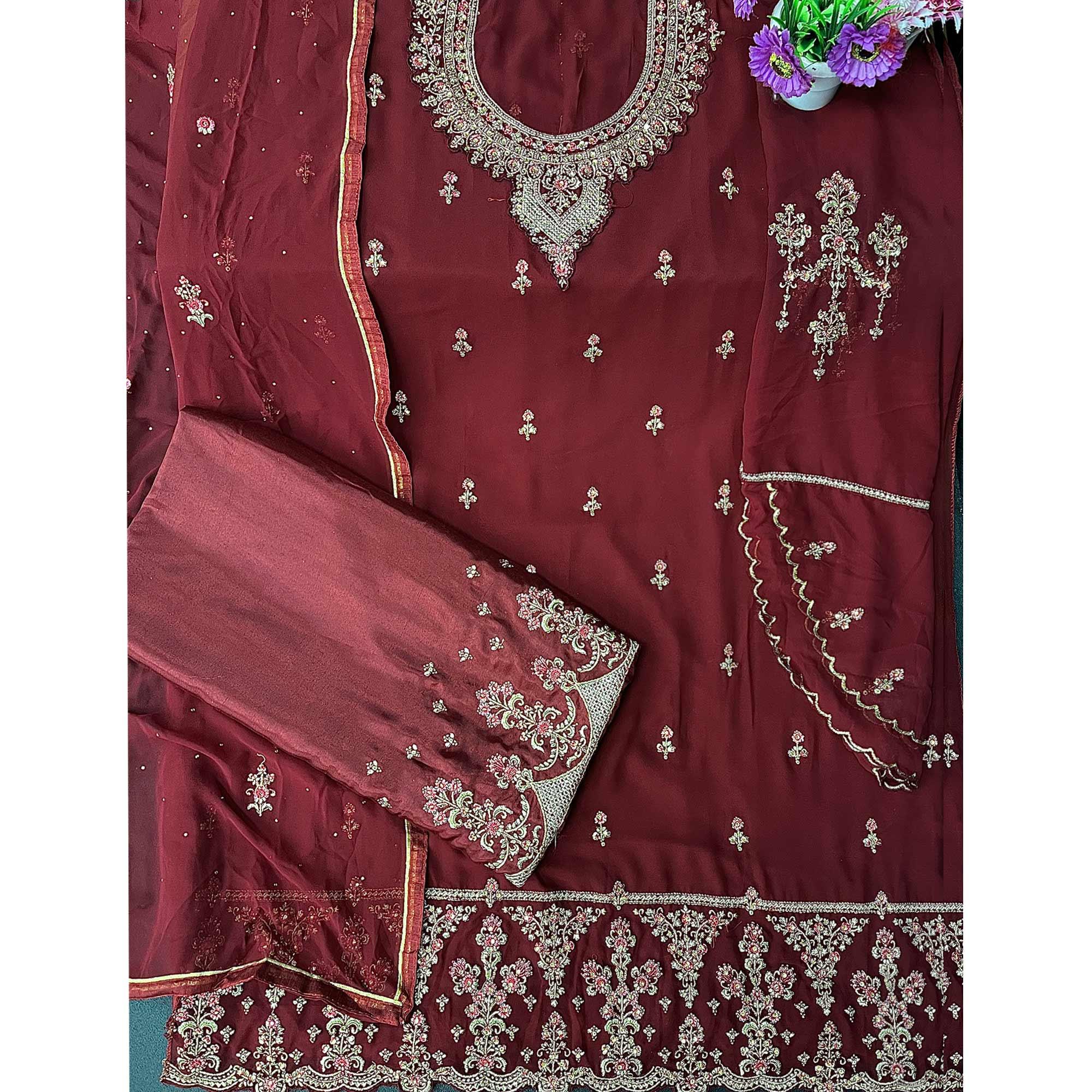 Maroon Embroidered With Embellished Georgette Palazzo Suit - Peachmode