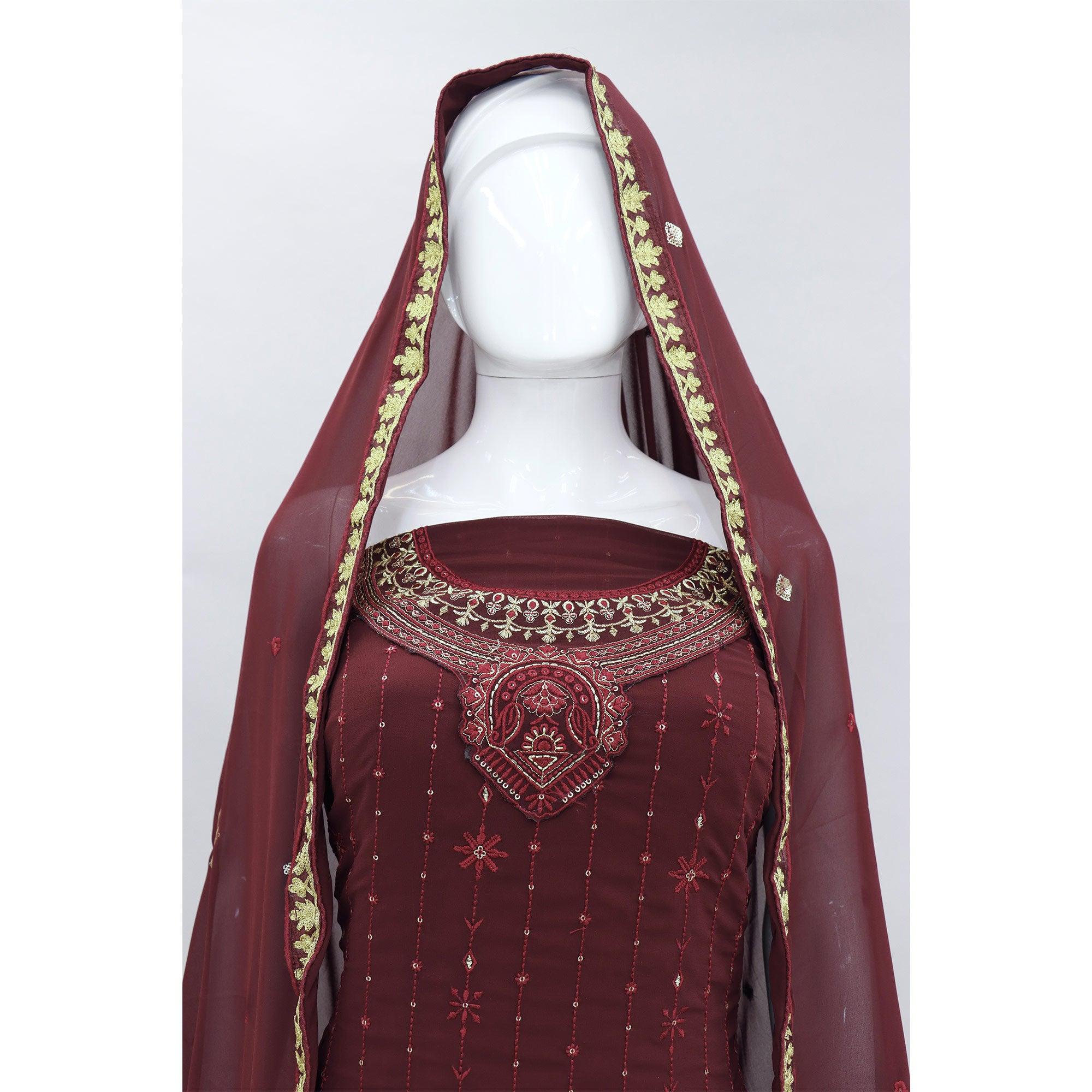 Maroon Embroidered With Embellished Georgette Palazzo Suit - Peachmode