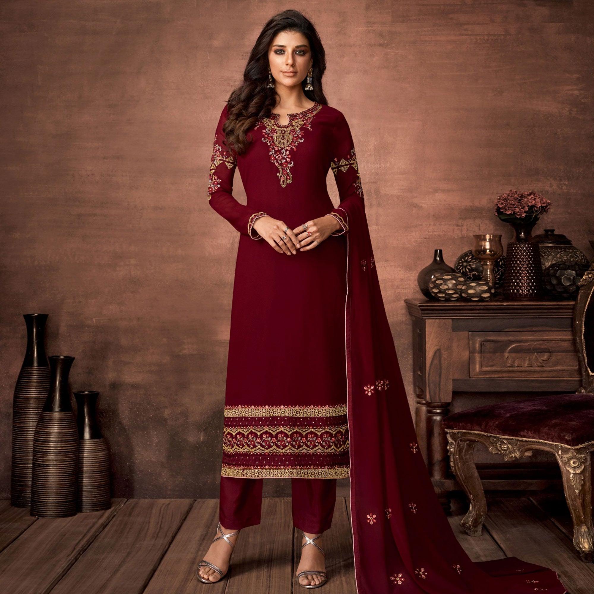 Maroon Embroidered With Embellished Georgette Salwar Suit - Peachmode