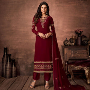 Maroon Embroidered With Embellished Georgette Salwar Suit - Peachmode