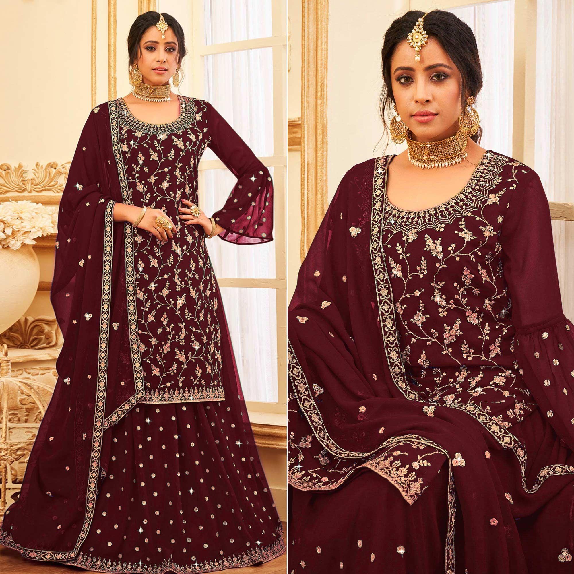 Maroon Embroidered With Embellished Georgette Sharara Suit - Peachmode