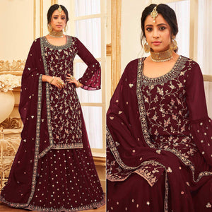 Maroon Embroidered With Embellished Georgette Sharara Suit - Peachmode