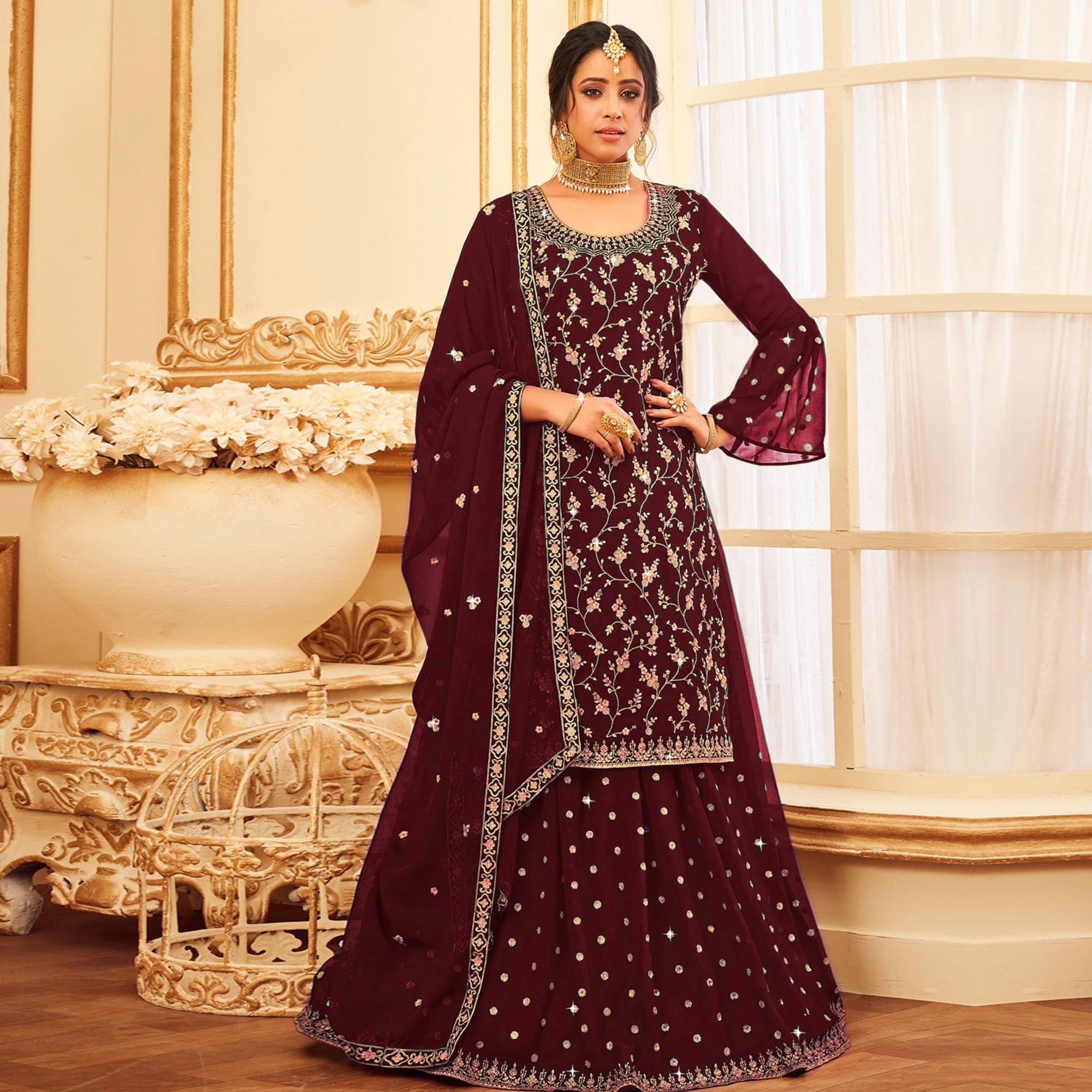 Maroon Embroidered With Embellished Georgette Sharara Suit - Peachmode