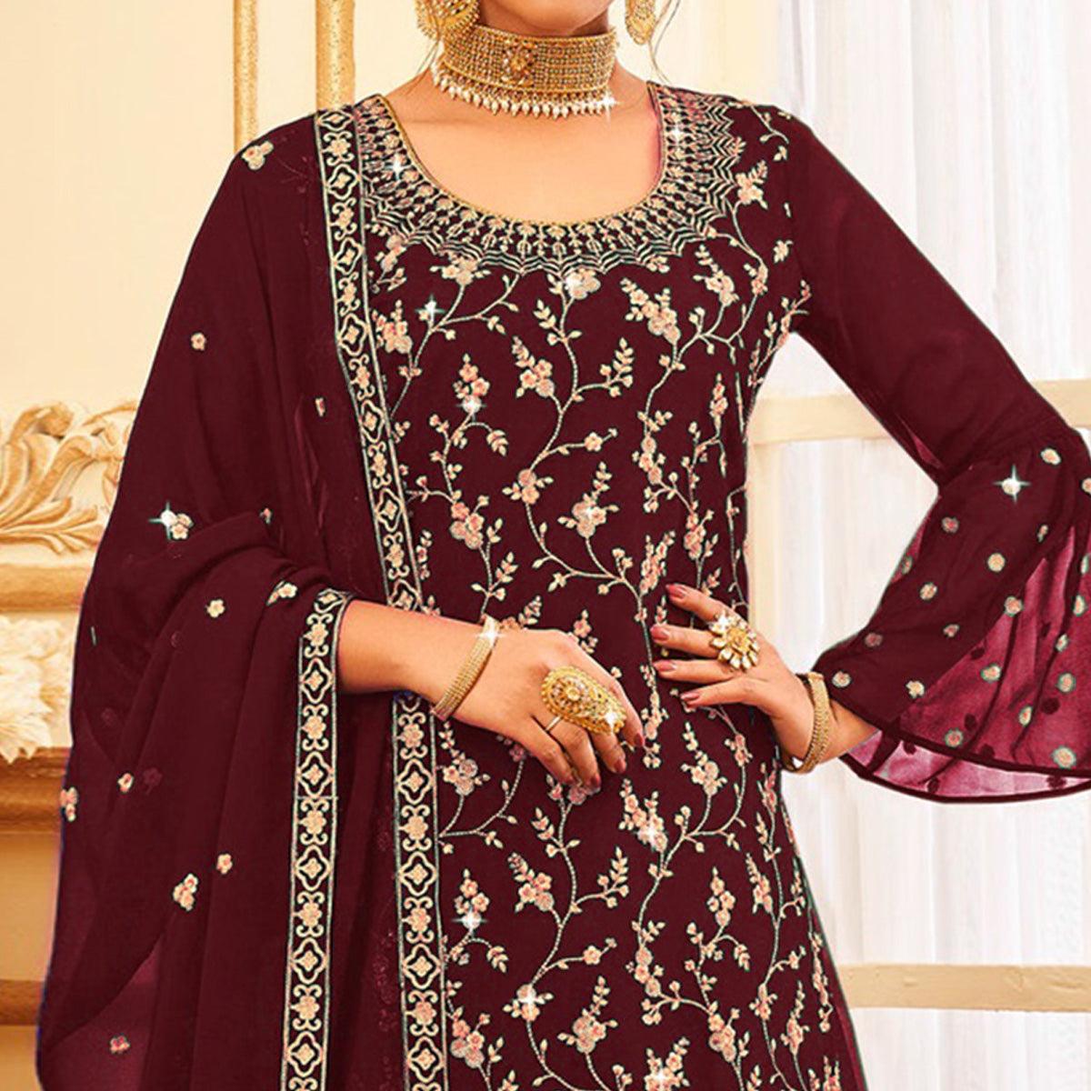 Maroon Embroidered With Embellished Georgette Sharara Suit - Peachmode