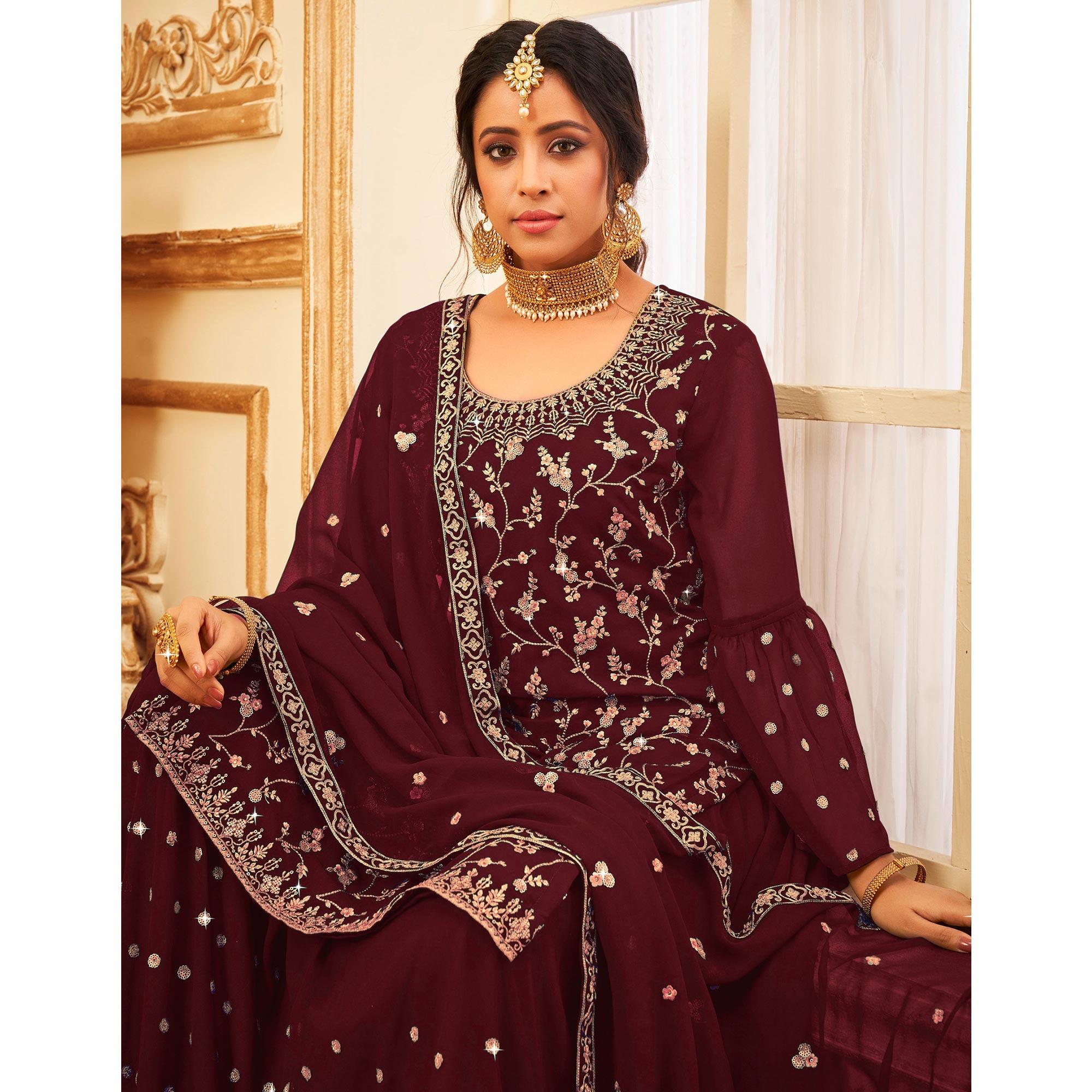 Maroon Embroidered With Embellished Georgette Sharara Suit - Peachmode