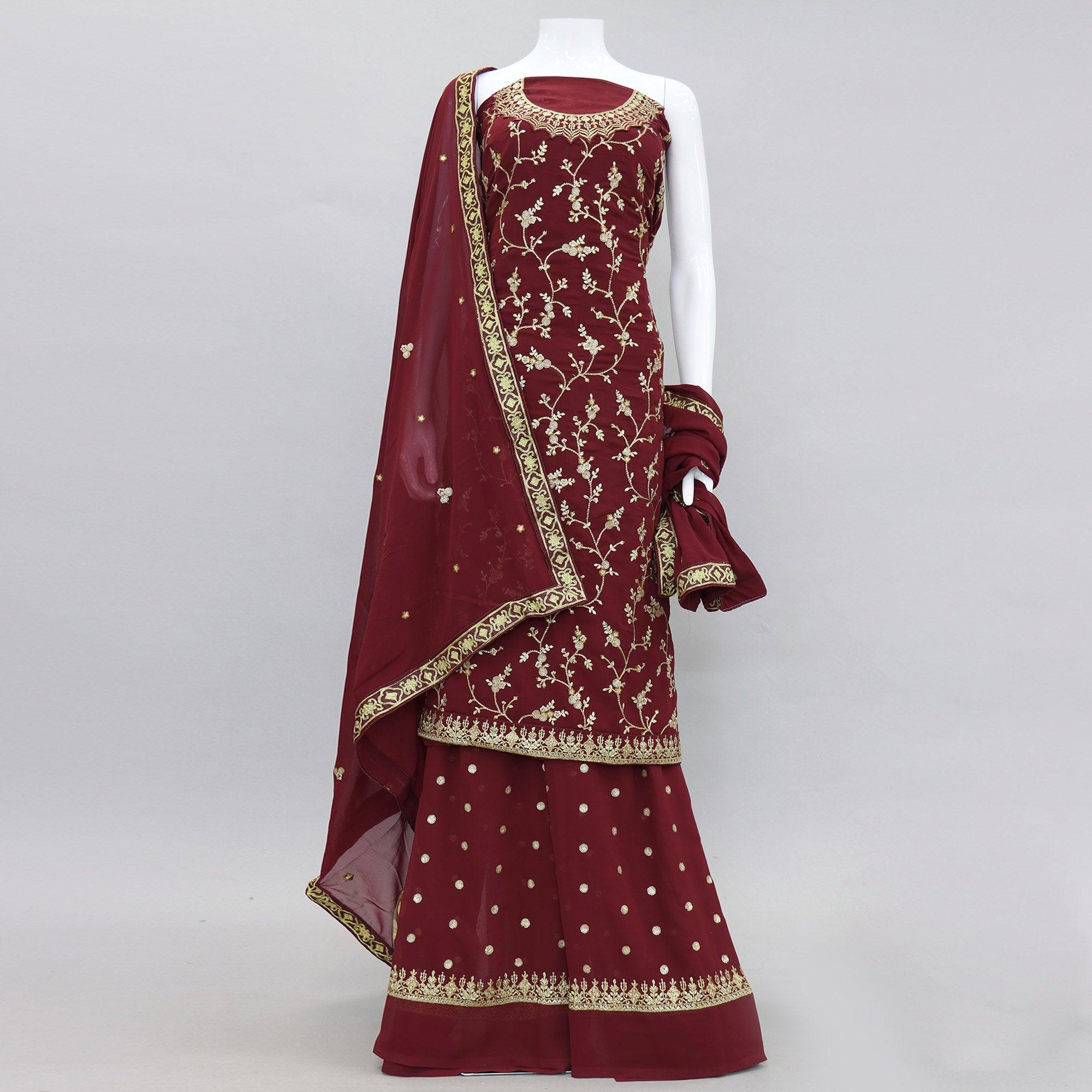 Maroon Embroidered With Embellished Georgette Sharara Suit - Peachmode