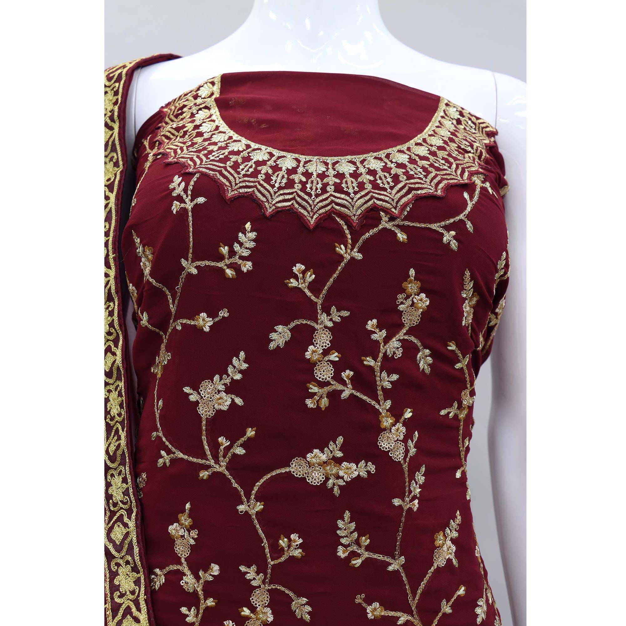 Maroon Embroidered With Embellished Georgette Sharara Suit - Peachmode