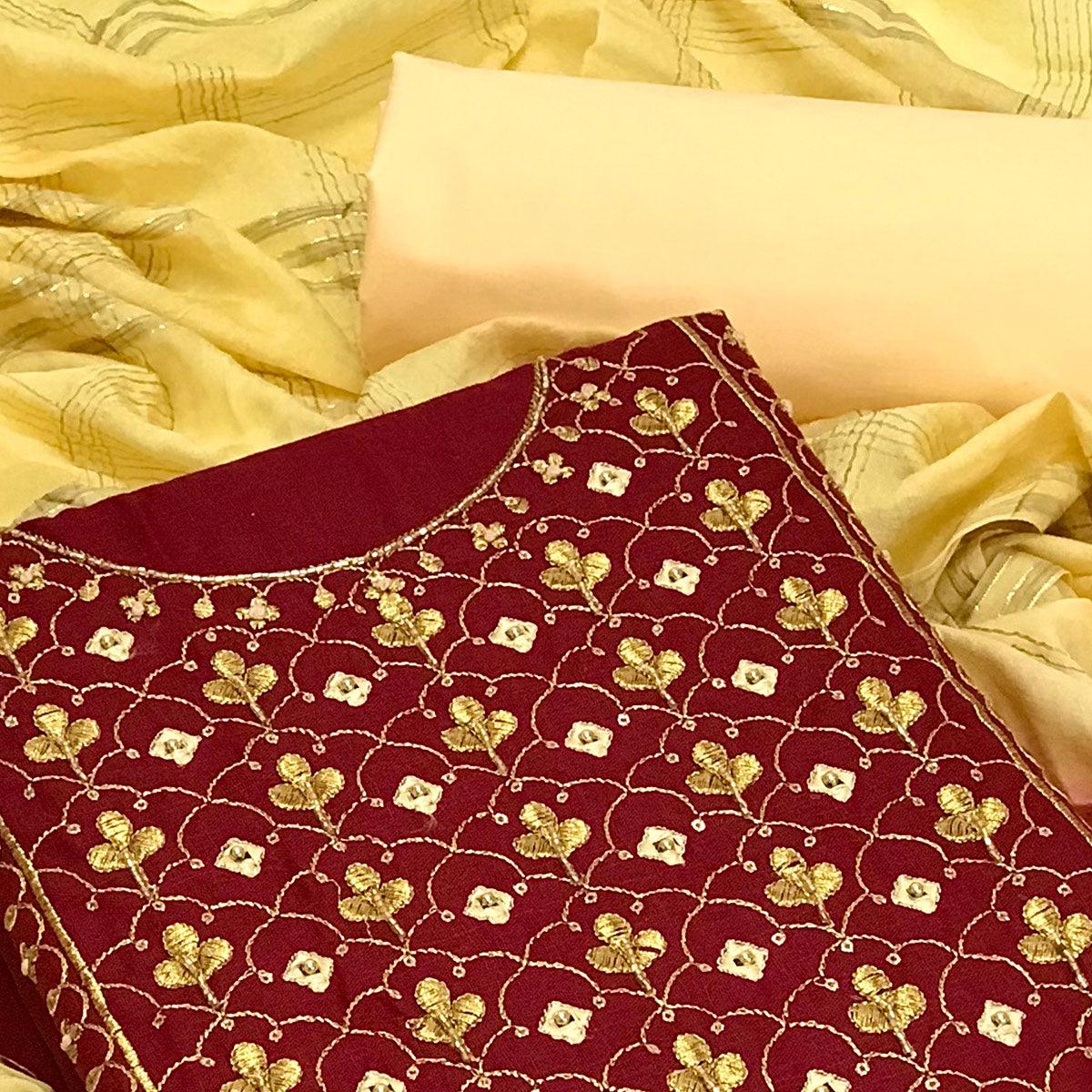 Maroon Embroidered With Embellished Poly Cotton Dress Material - Peachmode