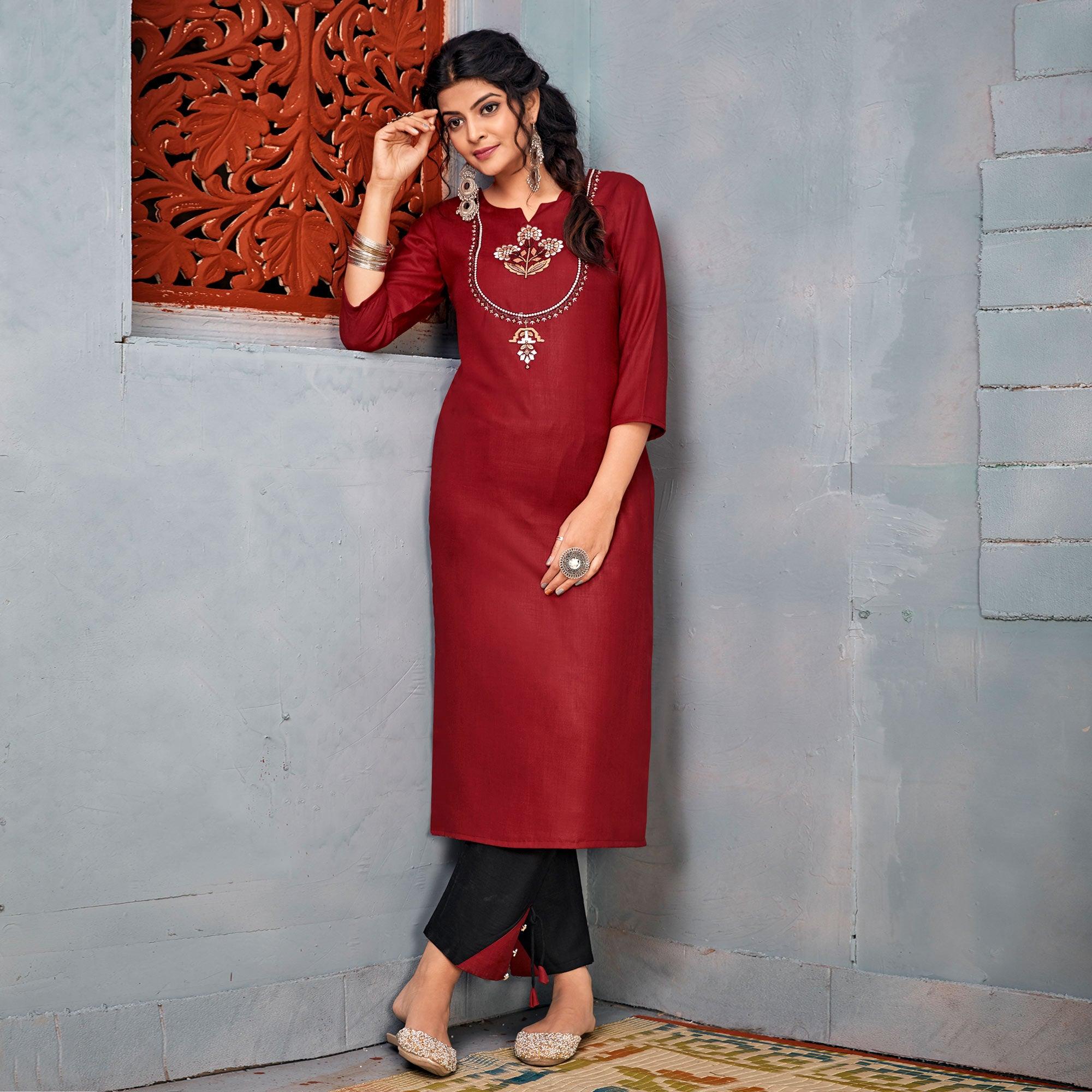 Maroon Embroidered With Embellished Rayon Kurti Pant Set - Peachmode