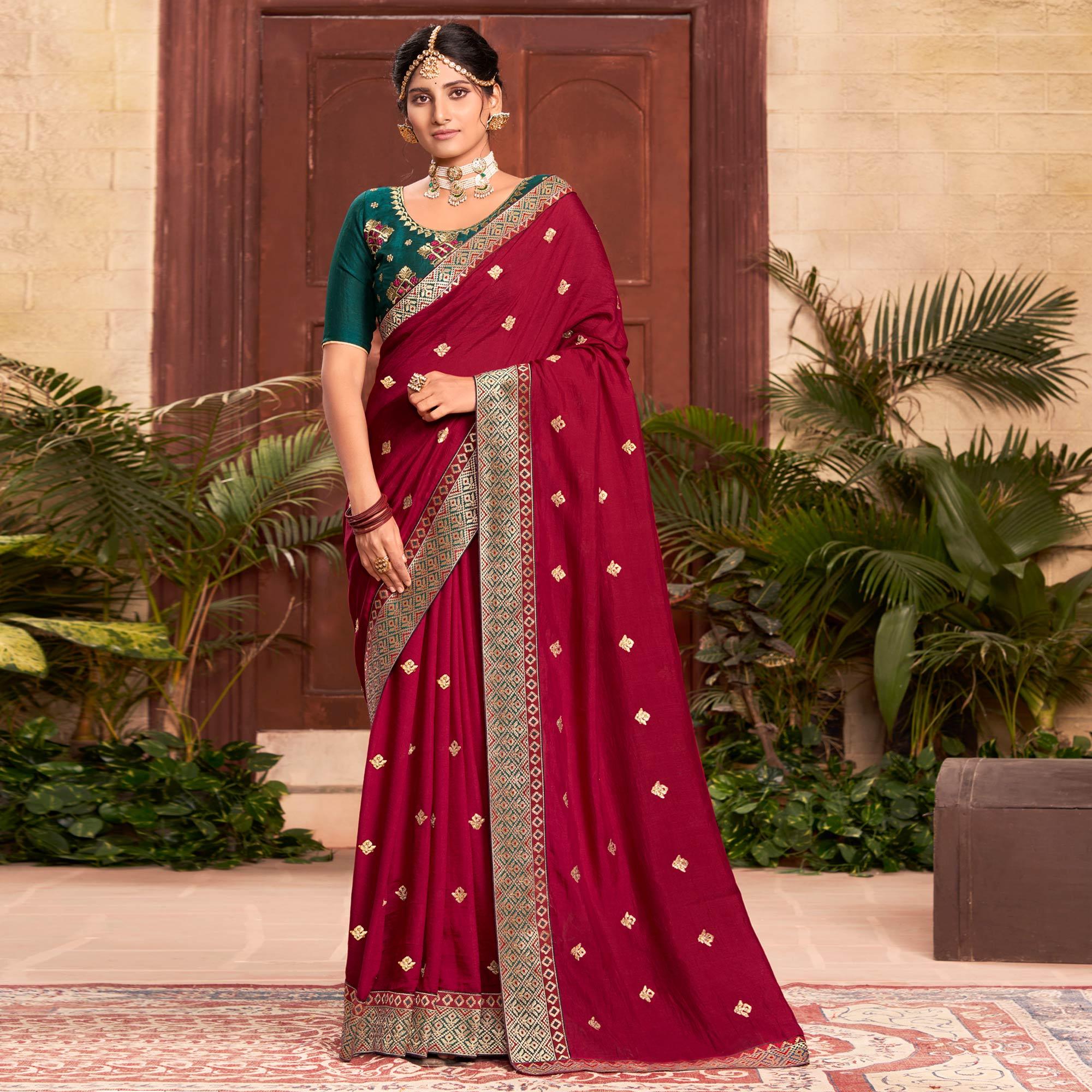 Maroon Embroidered With Embellished Vichitra Silk Saree - Peachmode