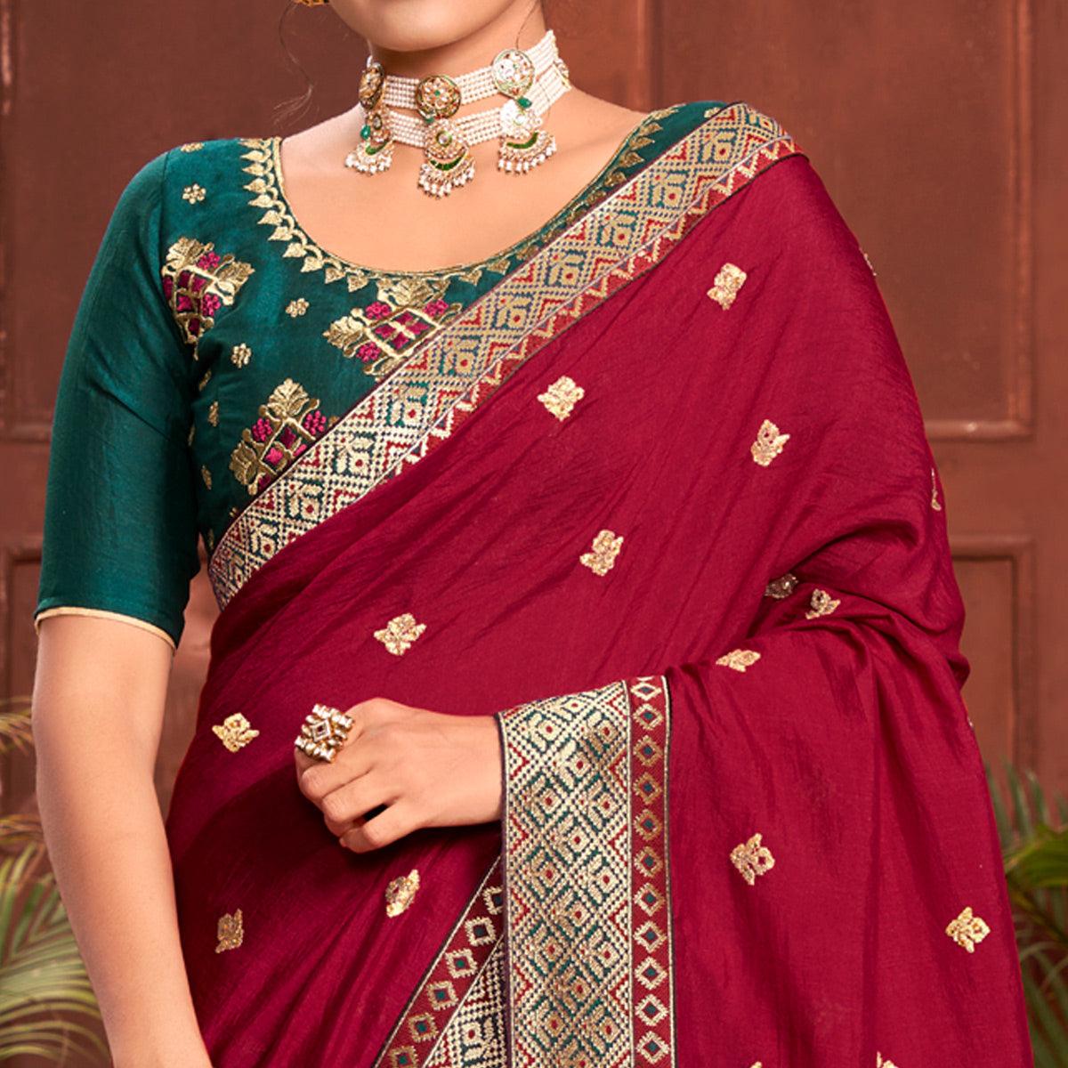 Maroon Embroidered With Embellished Vichitra Silk Saree - Peachmode