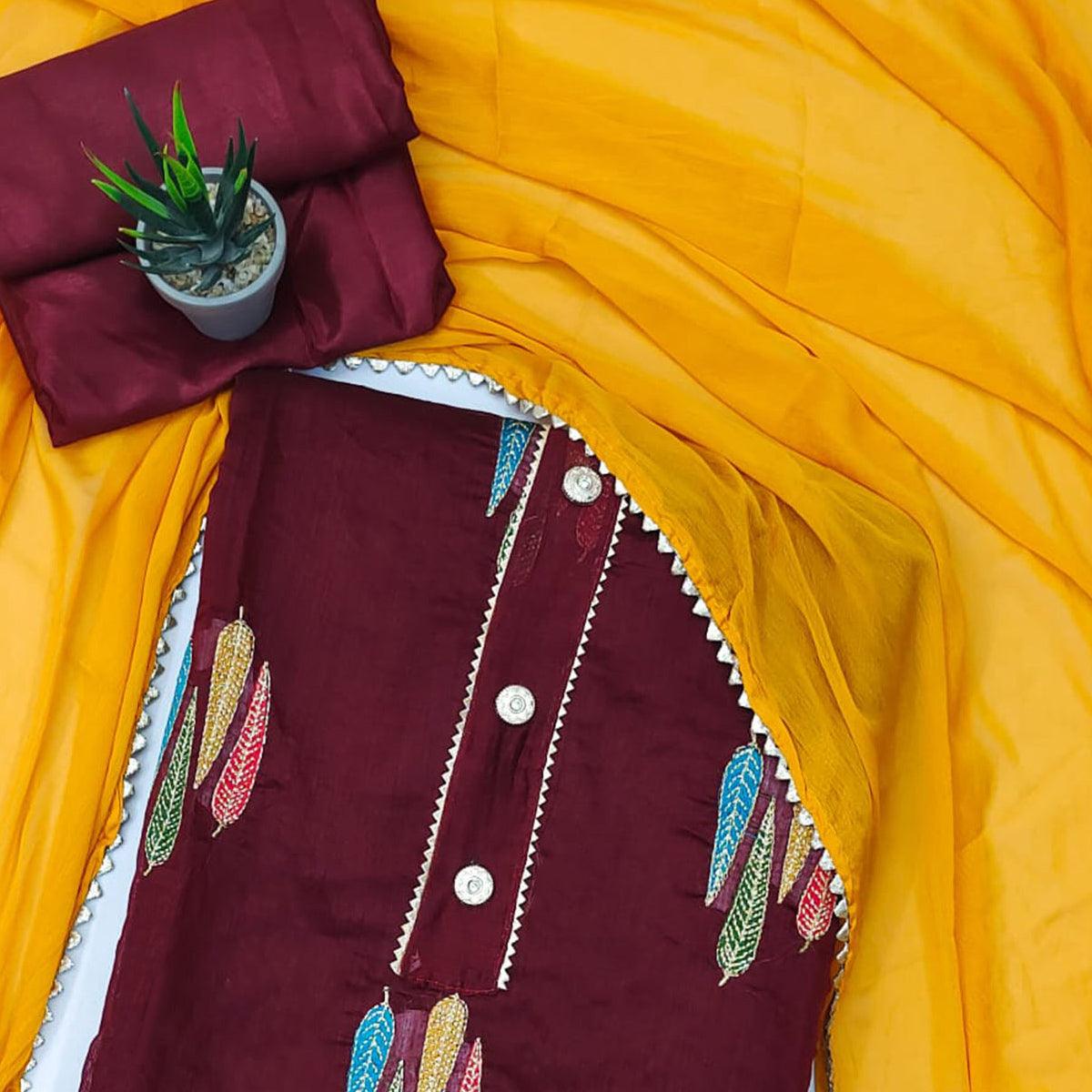 Maroon Embroidered With Gota Patti Work Chanderi Dress Material - Peachmode