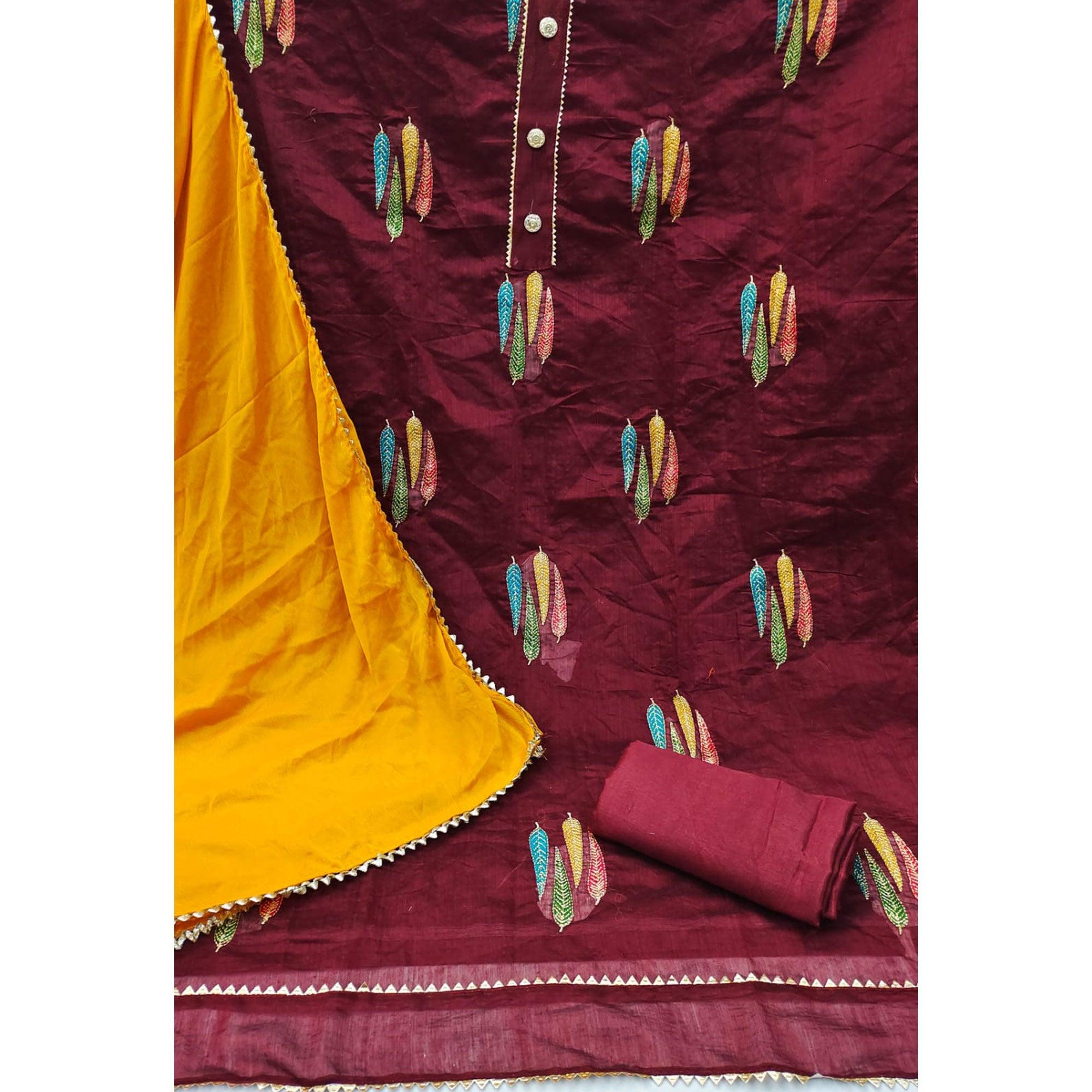 Maroon Embroidered With Gota Patti Work Chanderi Dress Material - Peachmode