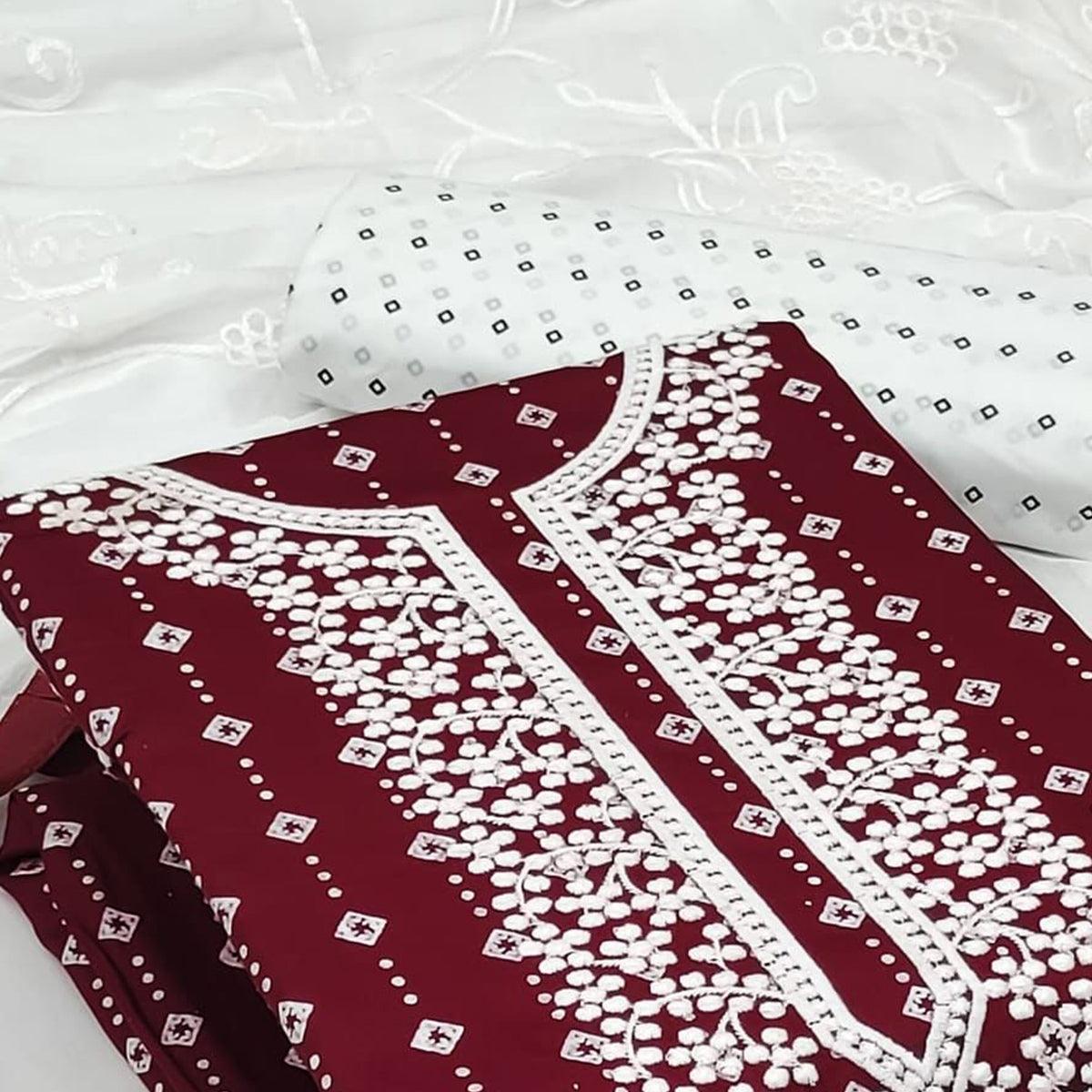 Maroon Embroidered With Printed Rayon Dress Material - Peachmode