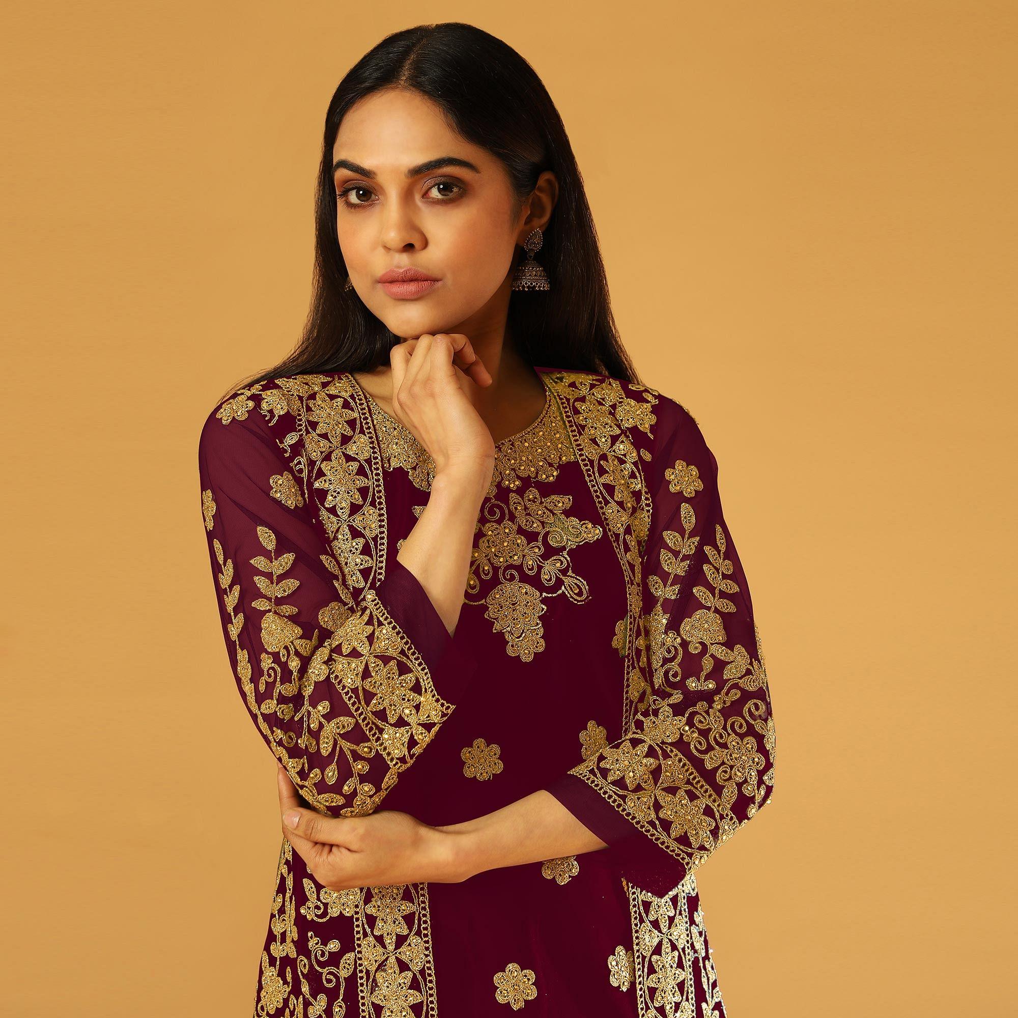 Maroon Embroidery & Cording Work Net Partywear Suit With Koti - Peachmode