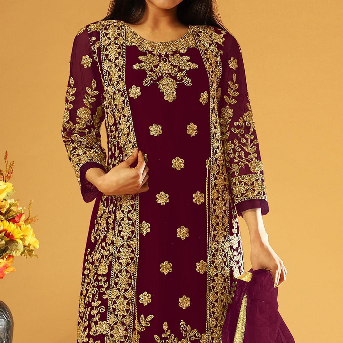 Maroon Embroidery & Cording Work Net Partywear Suit With Koti - Peachmode