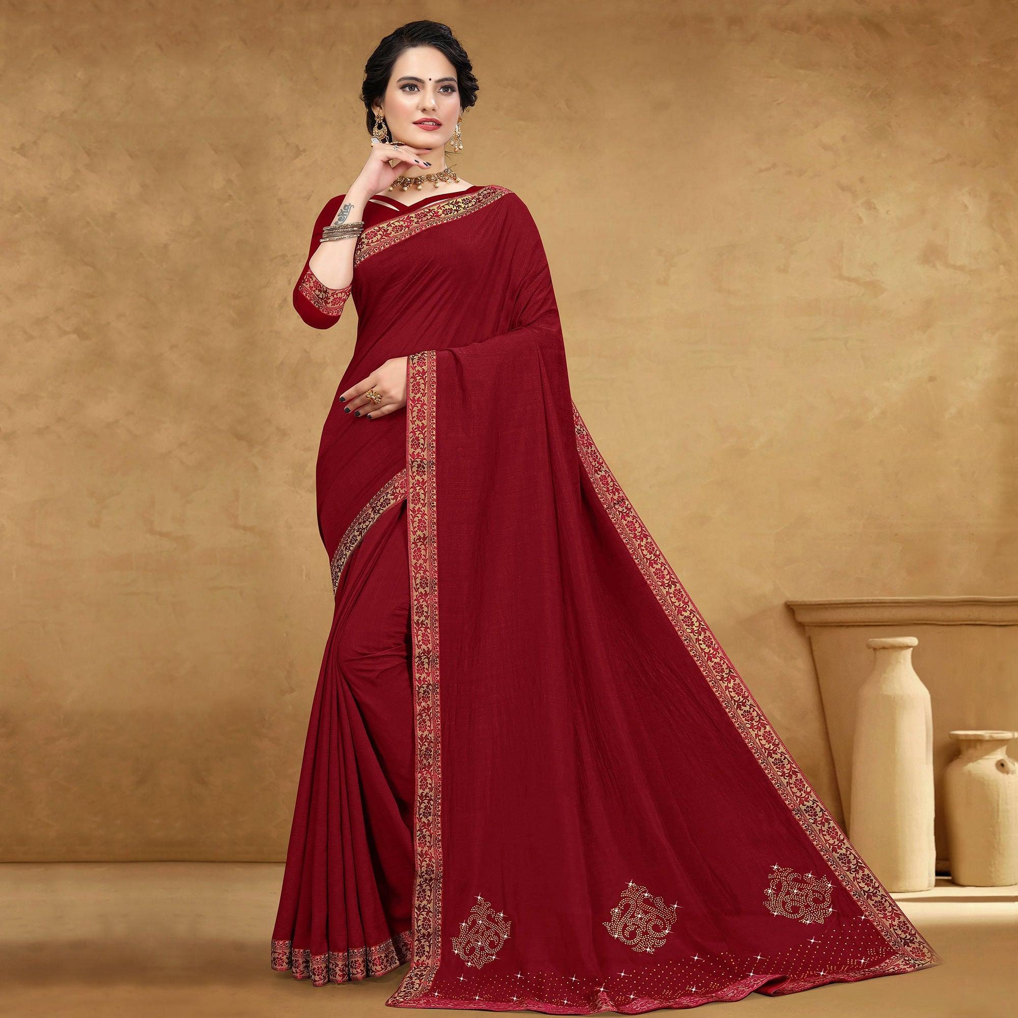 Maroon Festive Wear Embellished Vichitra Silk Saree - Peachmode