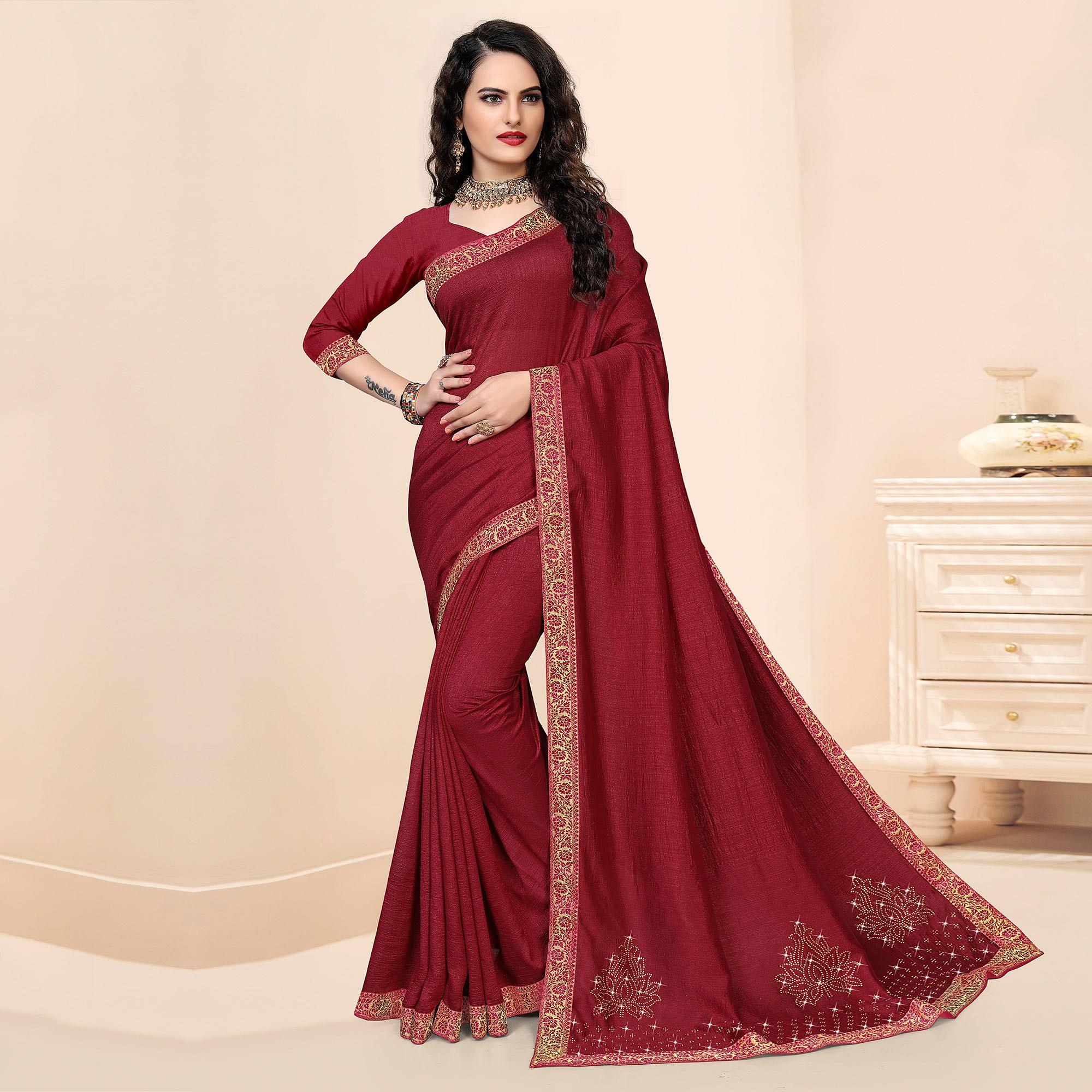 Maroon Festive Wear Embellished Vichitra Silk Saree - Peachmode
