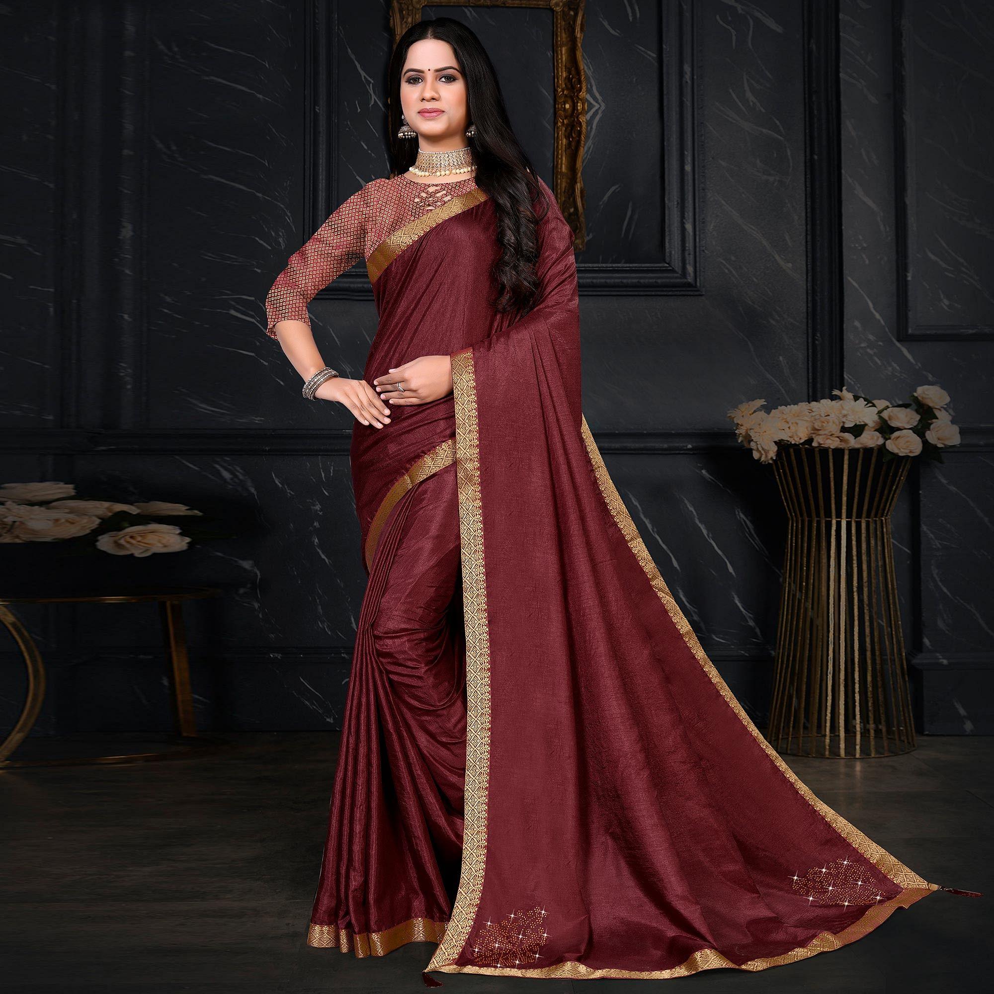 Maroon Festive Wear Embellished Vichitra Silk Saree - Peachmode