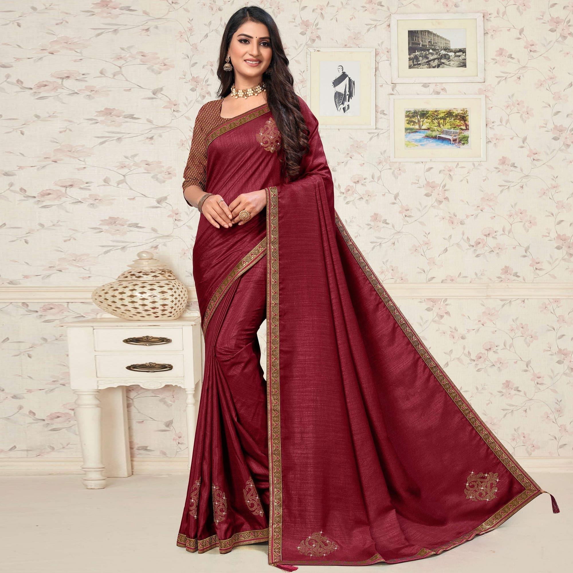 Maroon Festive Wear Embellished Vichitra Silk Saree - Peachmode