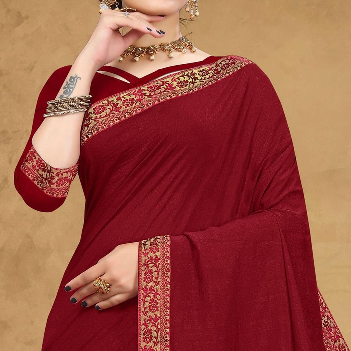 Maroon Festive Wear Embellished Vichitra Silk Saree - Peachmode