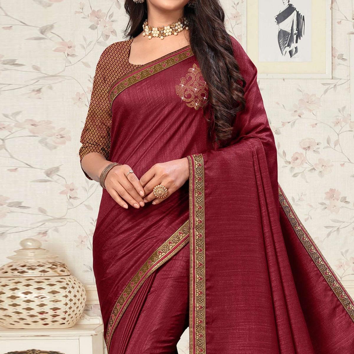 Maroon Festive Wear Embellished Vichitra Silk Saree - Peachmode