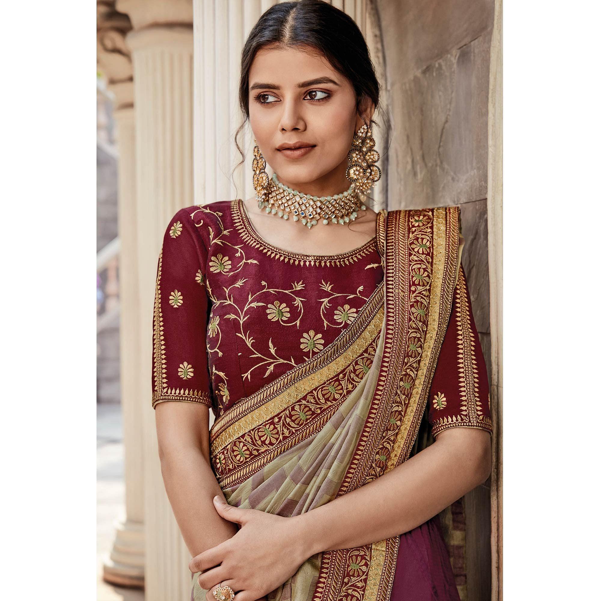 Maroon Festive Wear Embroidered Art Silk Saree - Peachmode