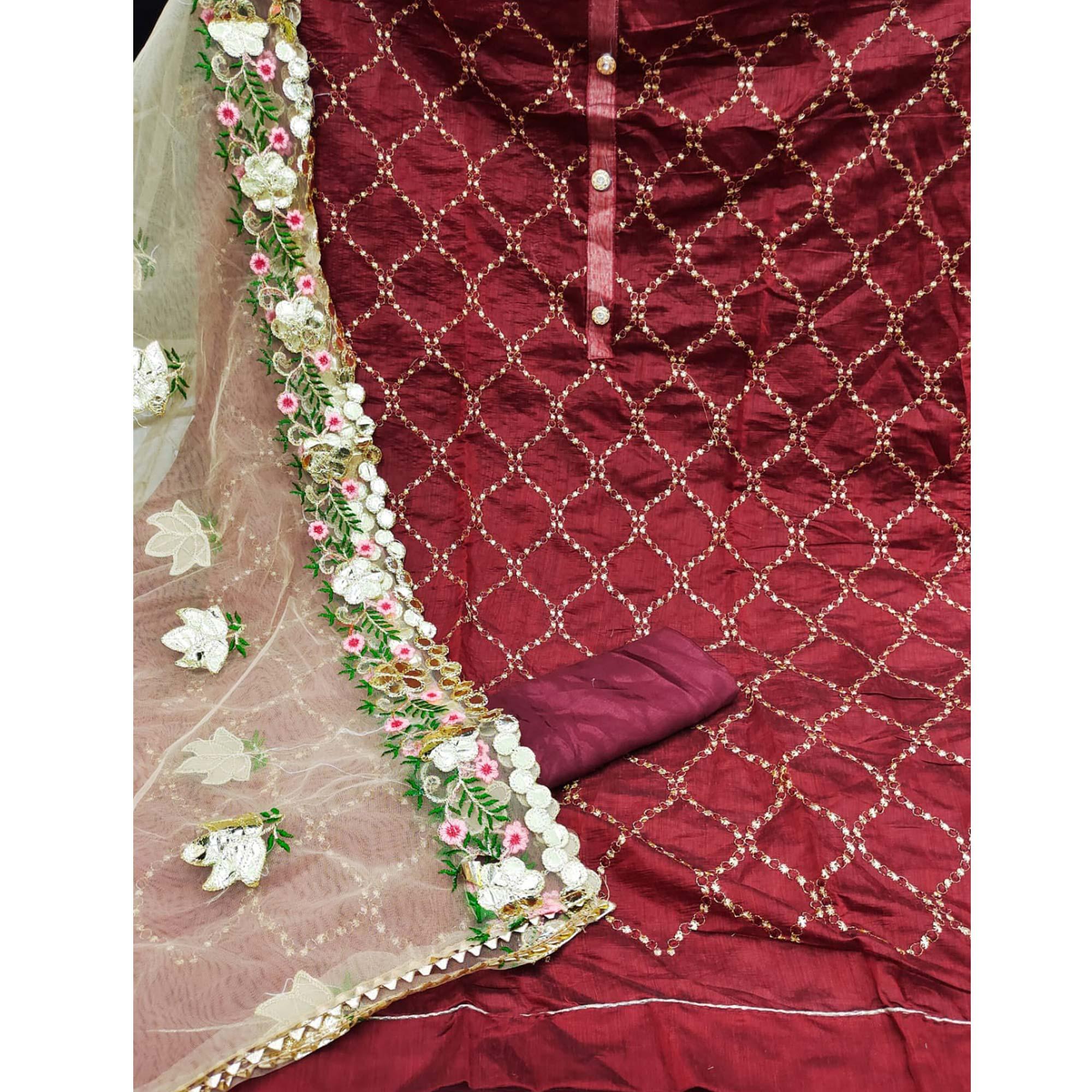 Maroon Festive Wear Embroidered Chanderi Dress Material - Peachmode