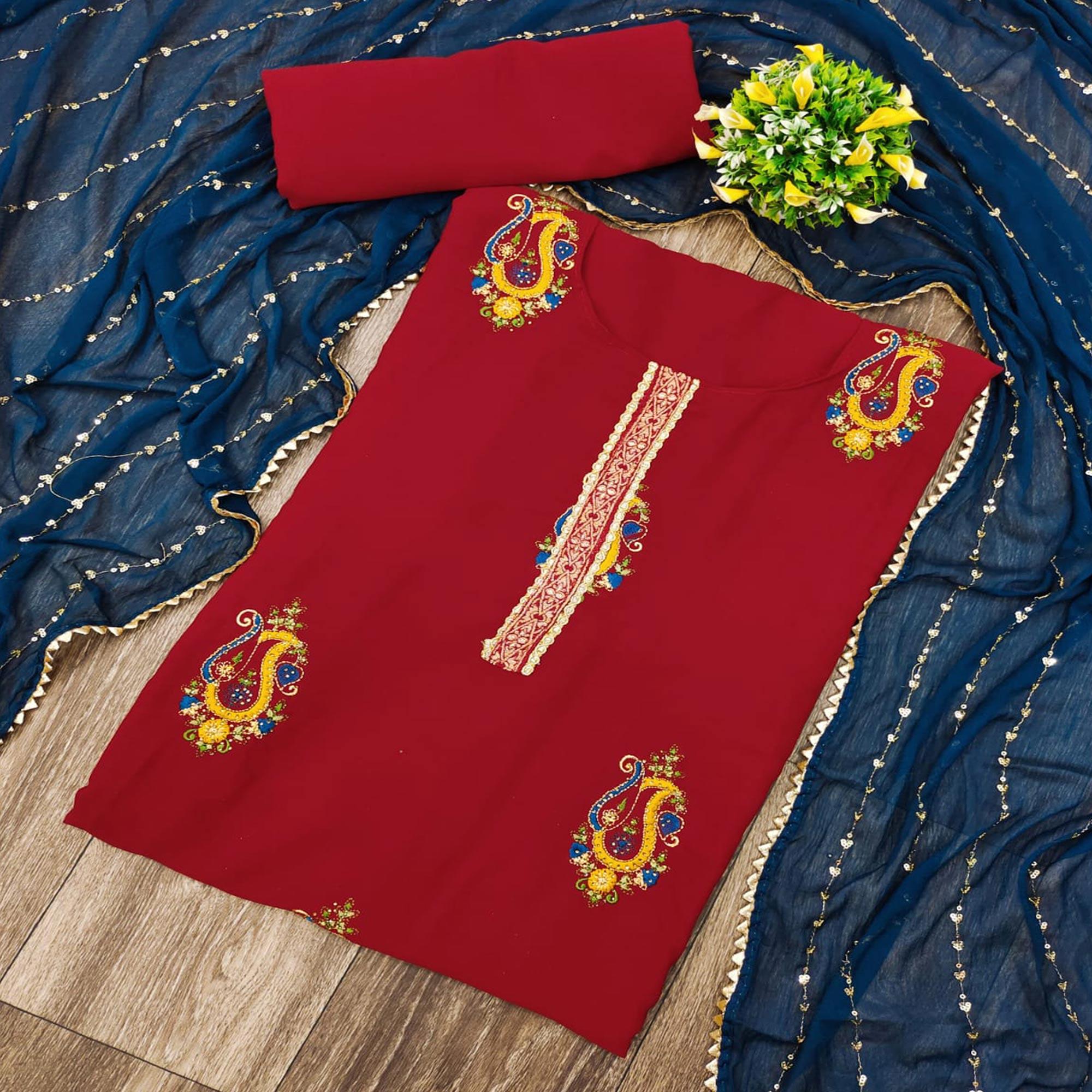 Maroon Festive Wear Embroidered Cotton Dress Material - Peachmode