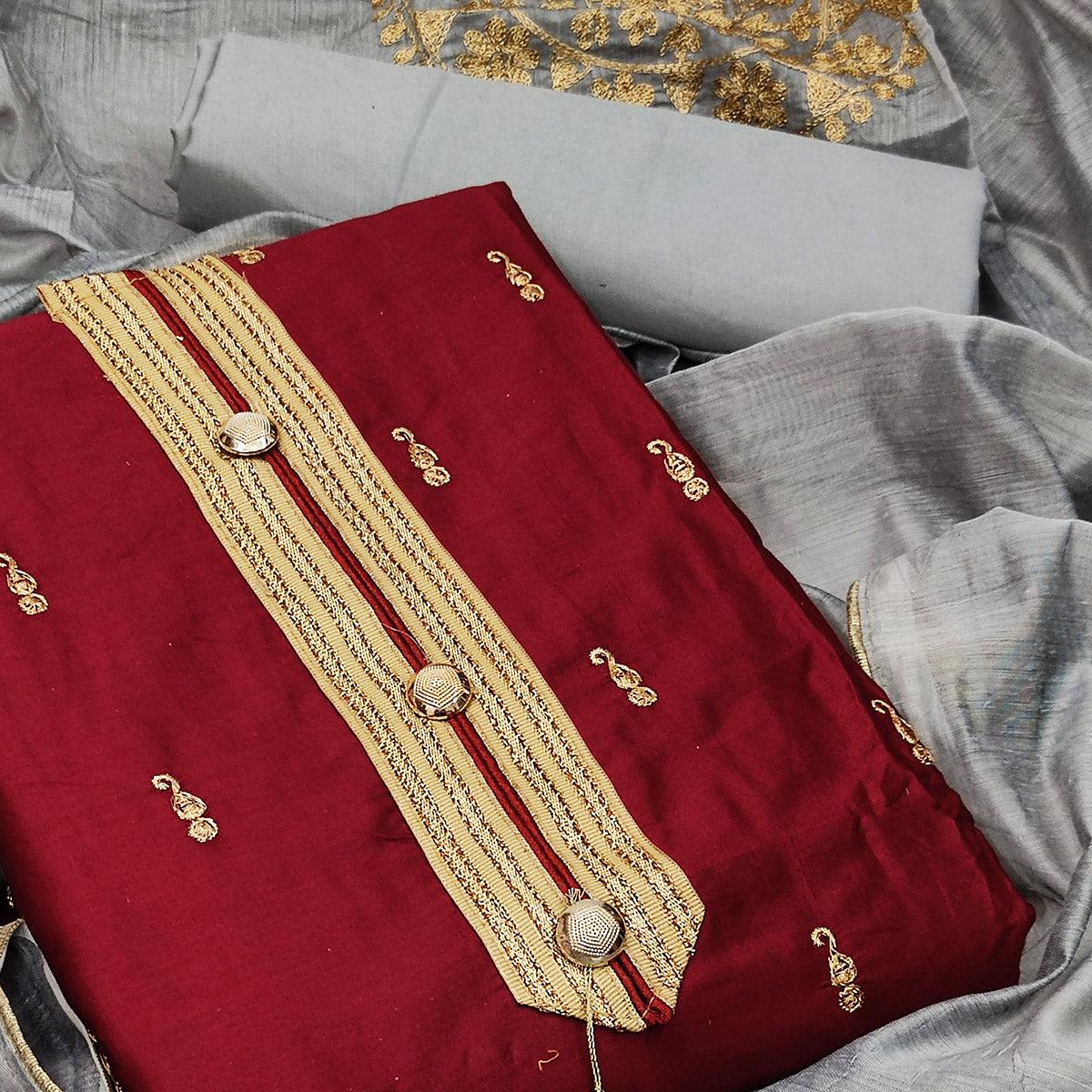 Maroon Festive Wear Embroidered Cotton Dress Material - Peachmode