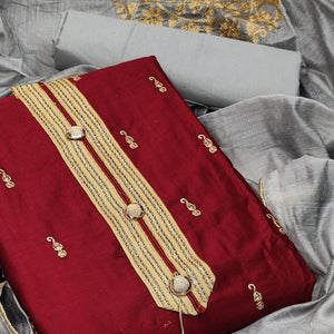 Maroon Festive Wear Embroidered Cotton Dress Material - Peachmode