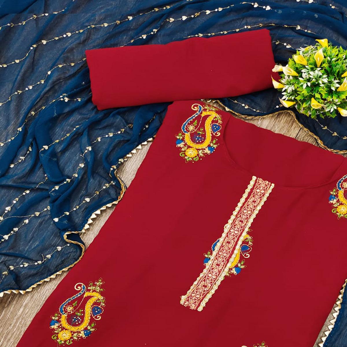 Maroon Festive Wear Embroidered Cotton Dress Material - Peachmode