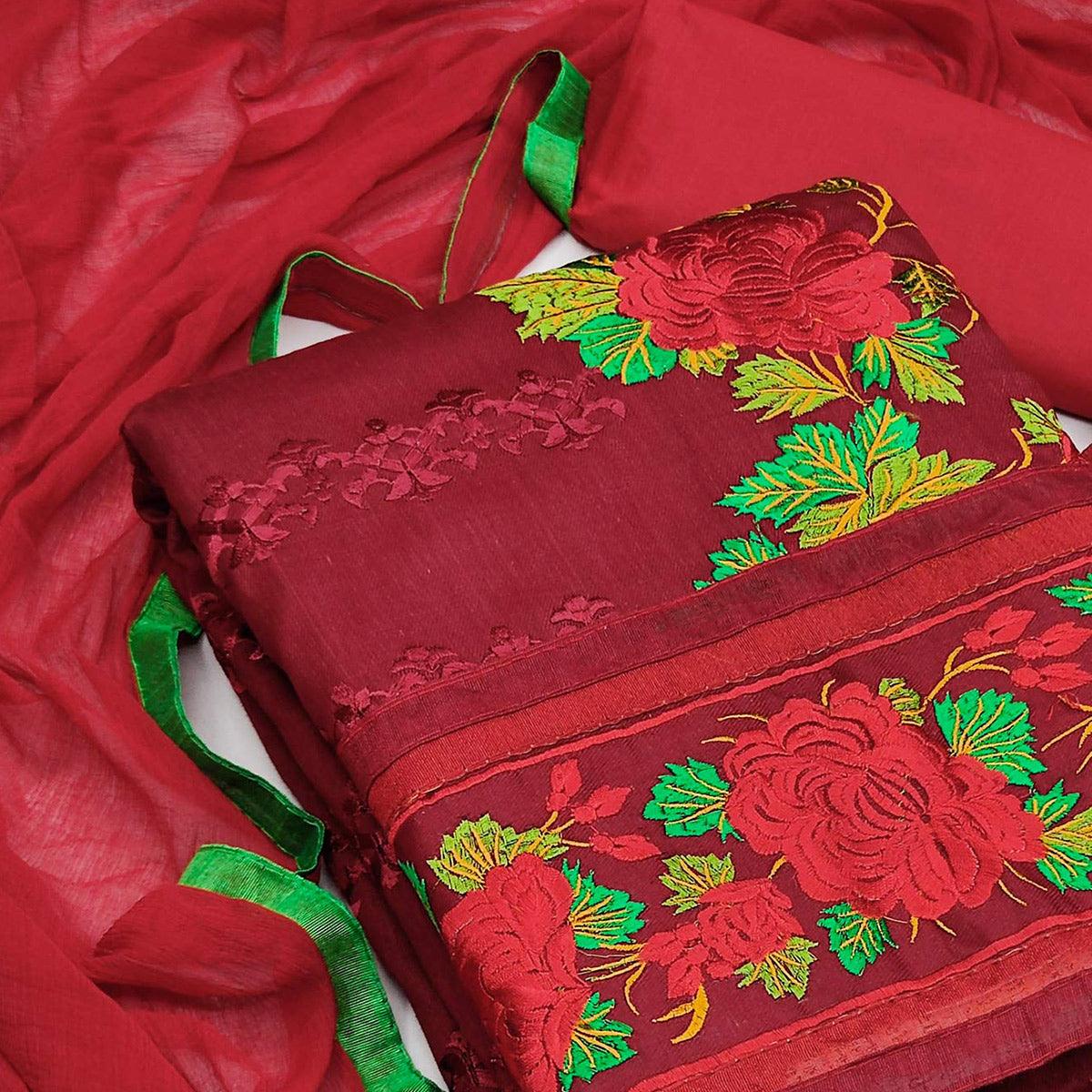 Maroon Festive Wear Embroidered Cotton Dress Material - Peachmode
