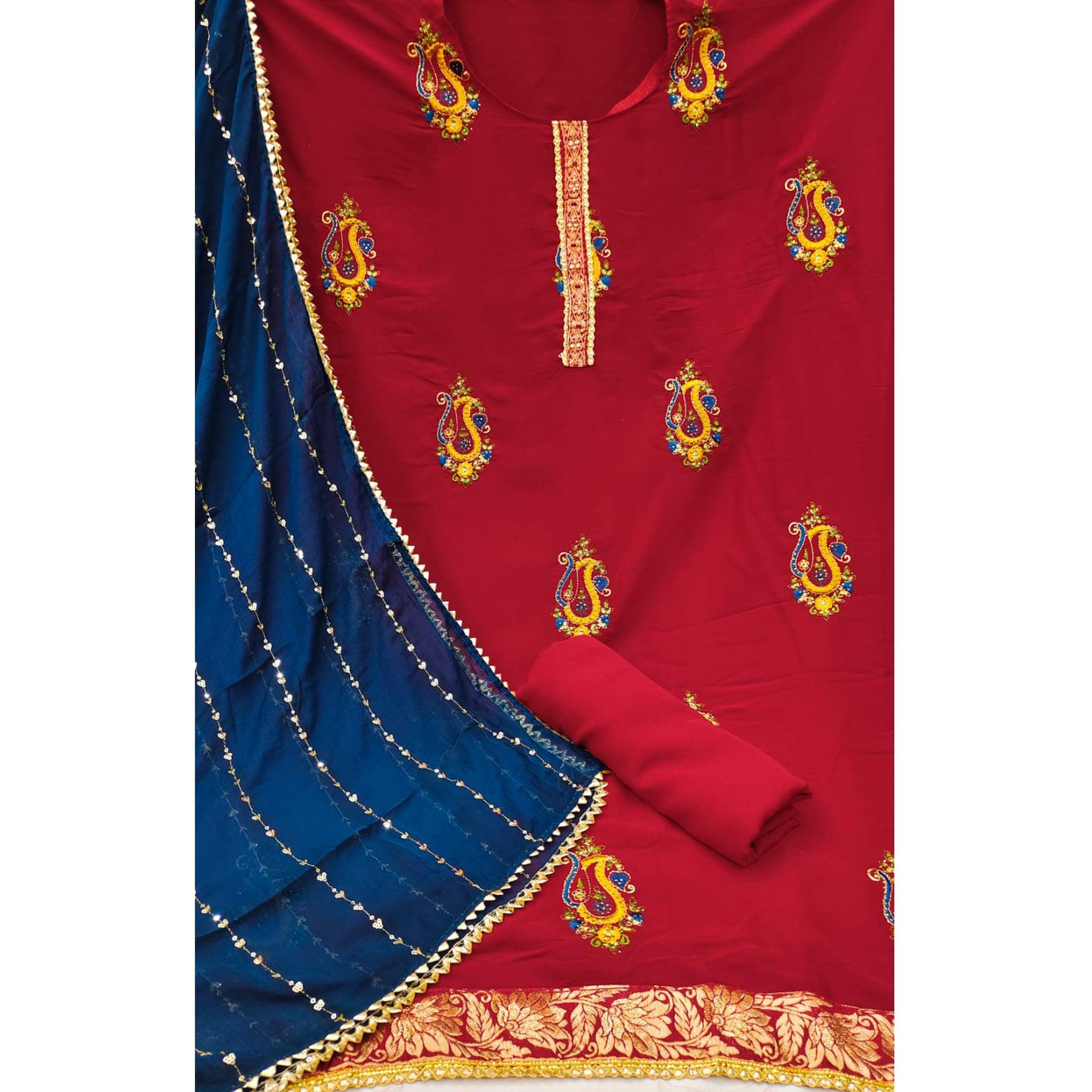 Maroon Festive Wear Embroidered Cotton Dress Material - Peachmode