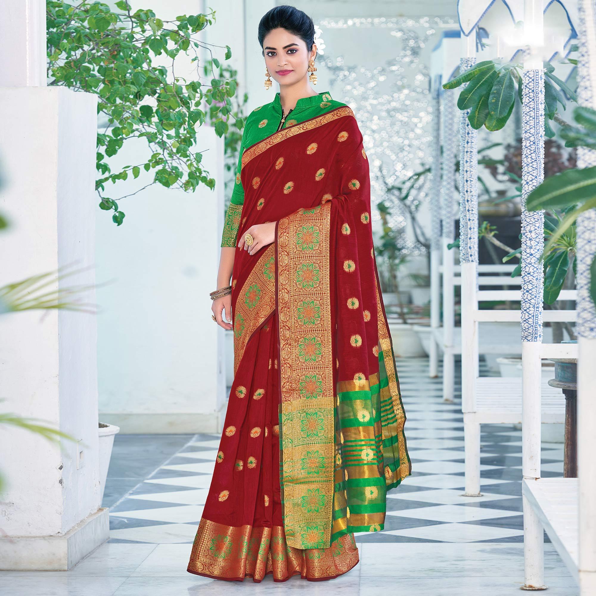 Maroon Festive Wear Embroidered Cotton Saree - Peachmode