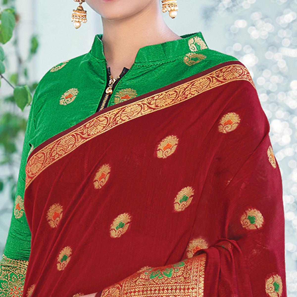 Maroon Festive Wear Embroidered Cotton Saree - Peachmode