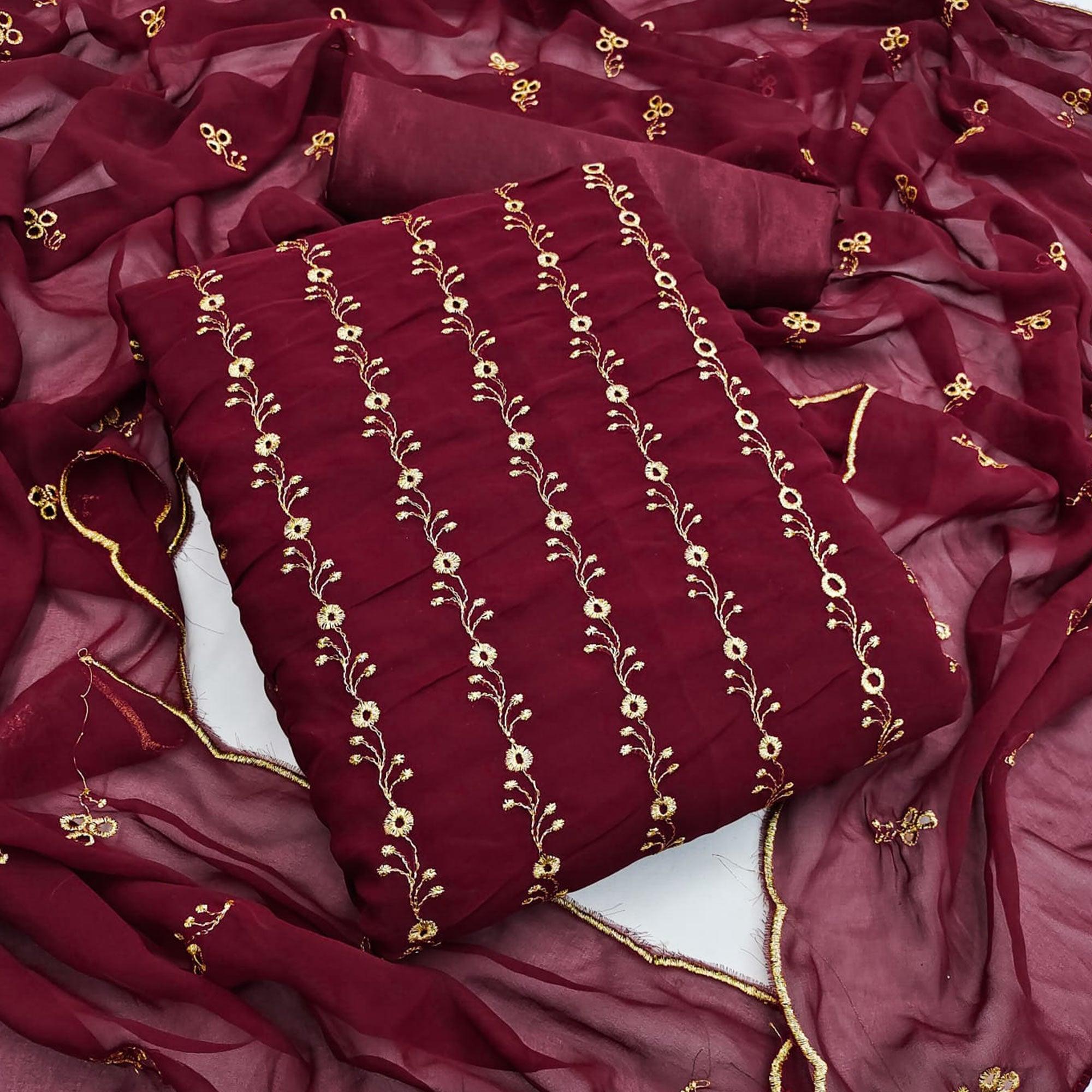Maroon Festive Wear Embroidered Georgette Dress Material - Peachmode