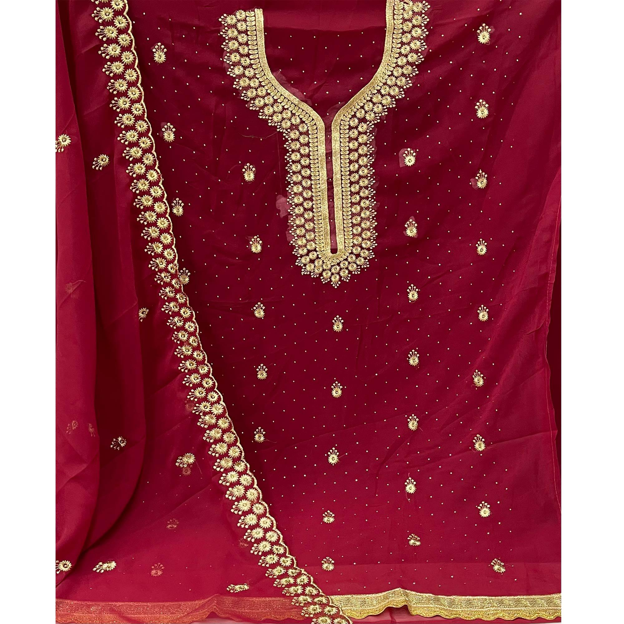 Maroon Festive Wear Embroidered Georgette Dress Material - Peachmode