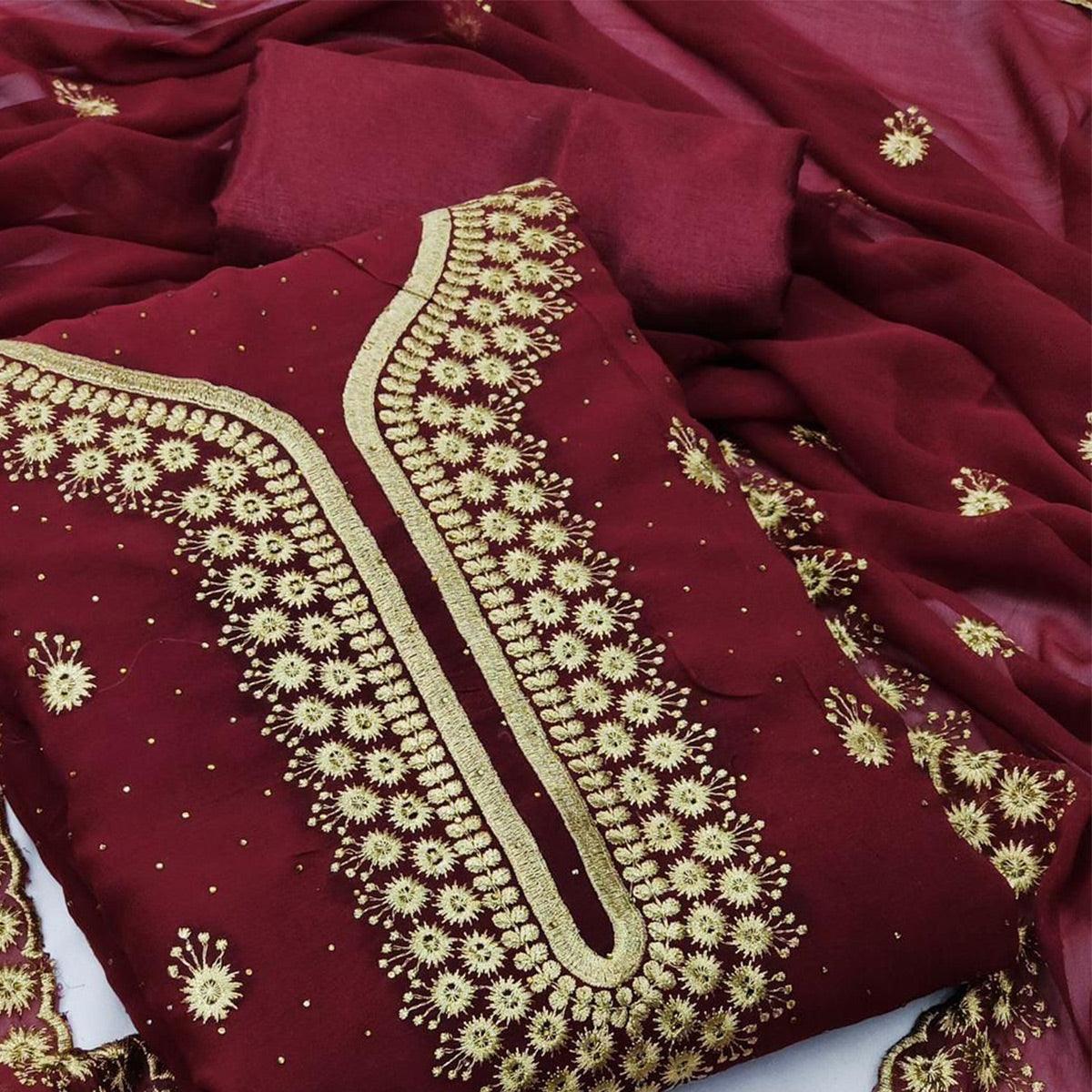 Maroon Festive Wear Embroidered Georgette Dress Material - Peachmode