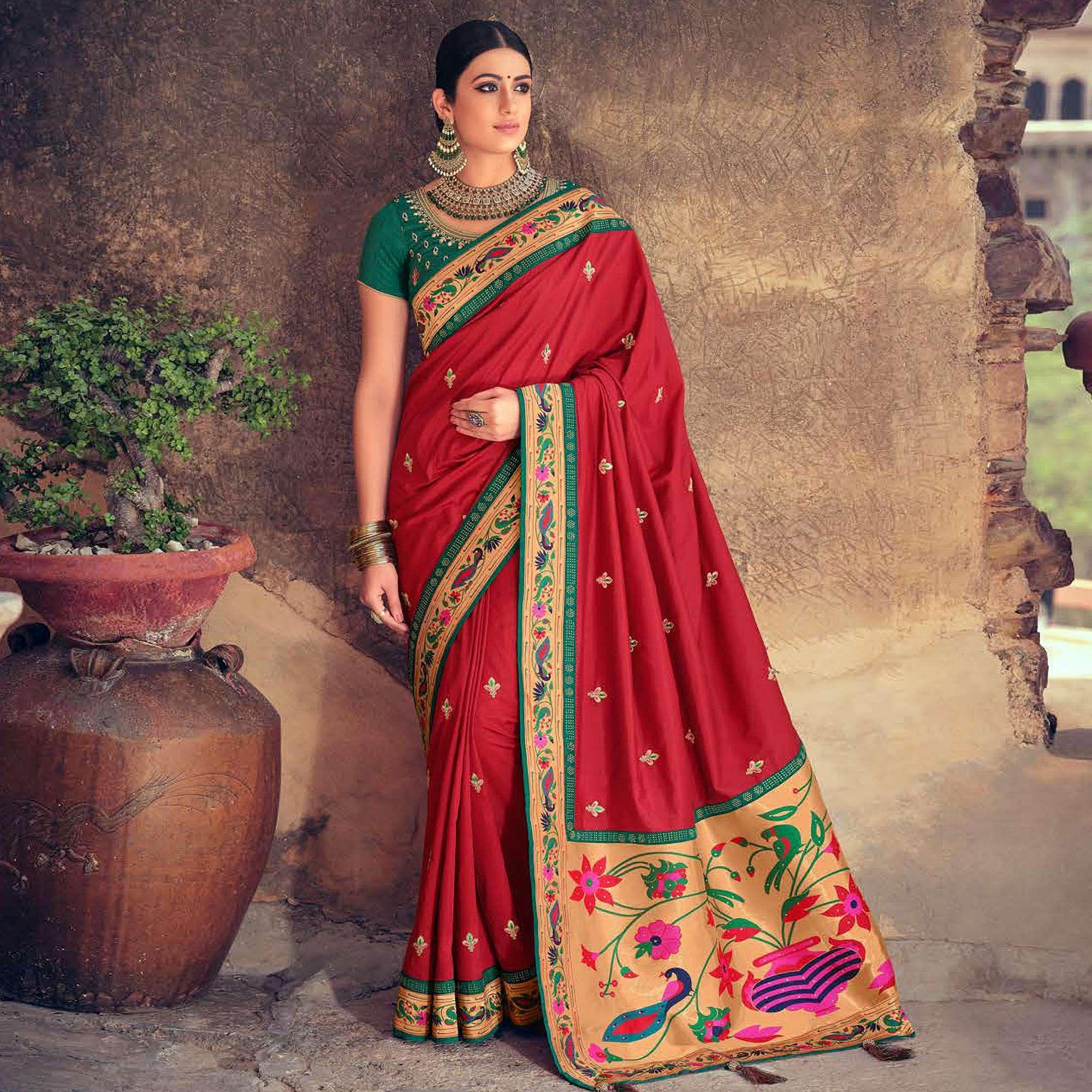 Maroon Festive Wear Embroidered Silk Paithani Saree - Peachmode