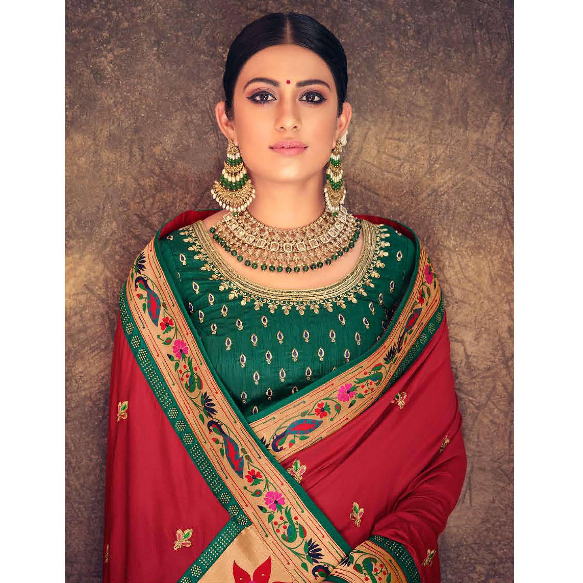 Maroon Festive Wear Embroidered Silk Paithani Saree - Peachmode