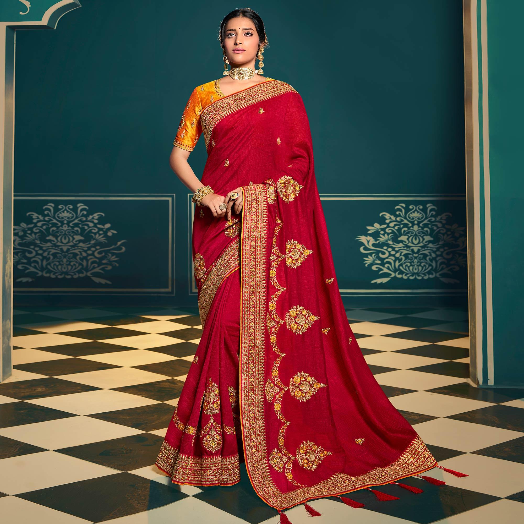 Maroon Festive Wear Embroidered Silk Saree - Peachmode