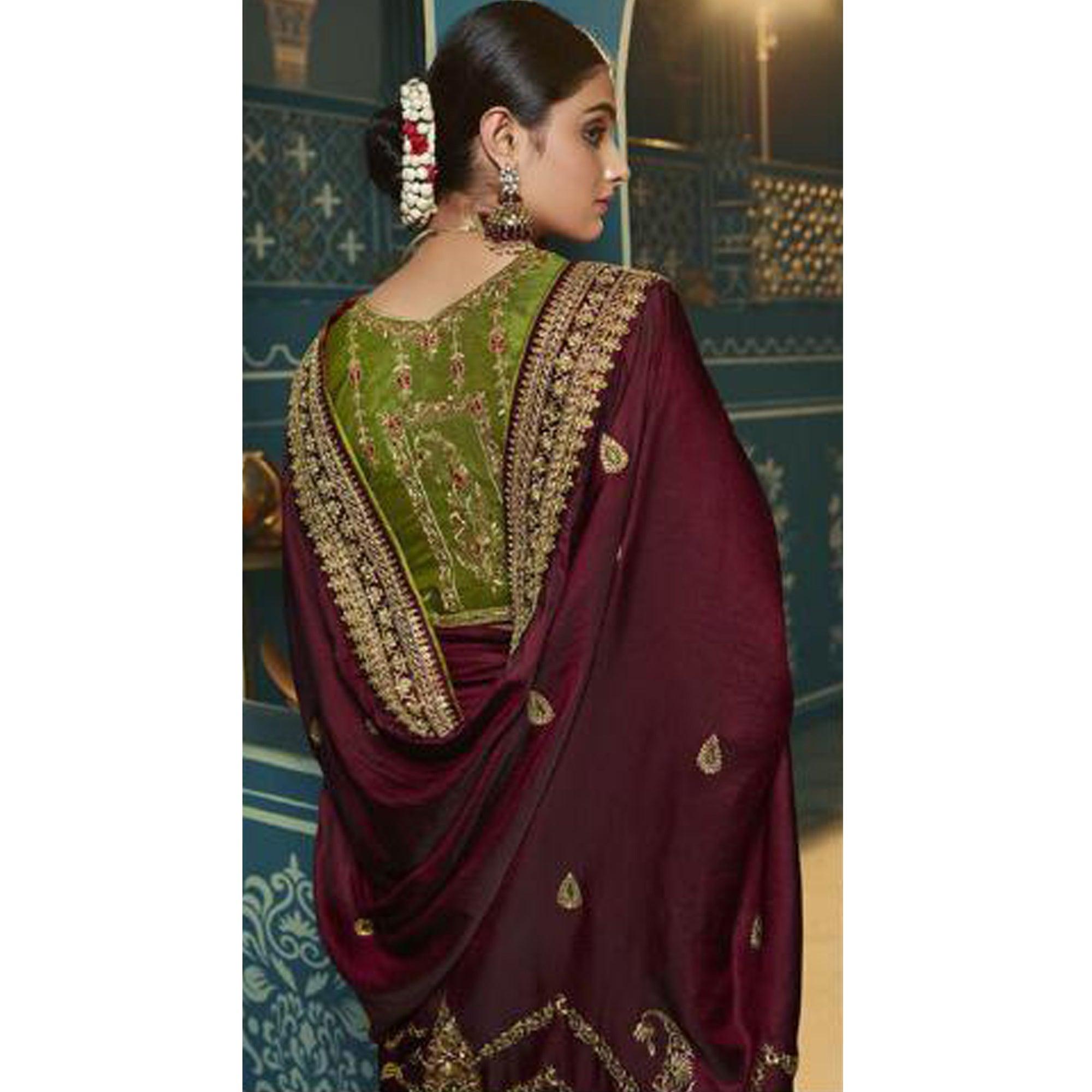Maroon Festive Wear Embroidered Silk Saree - Peachmode