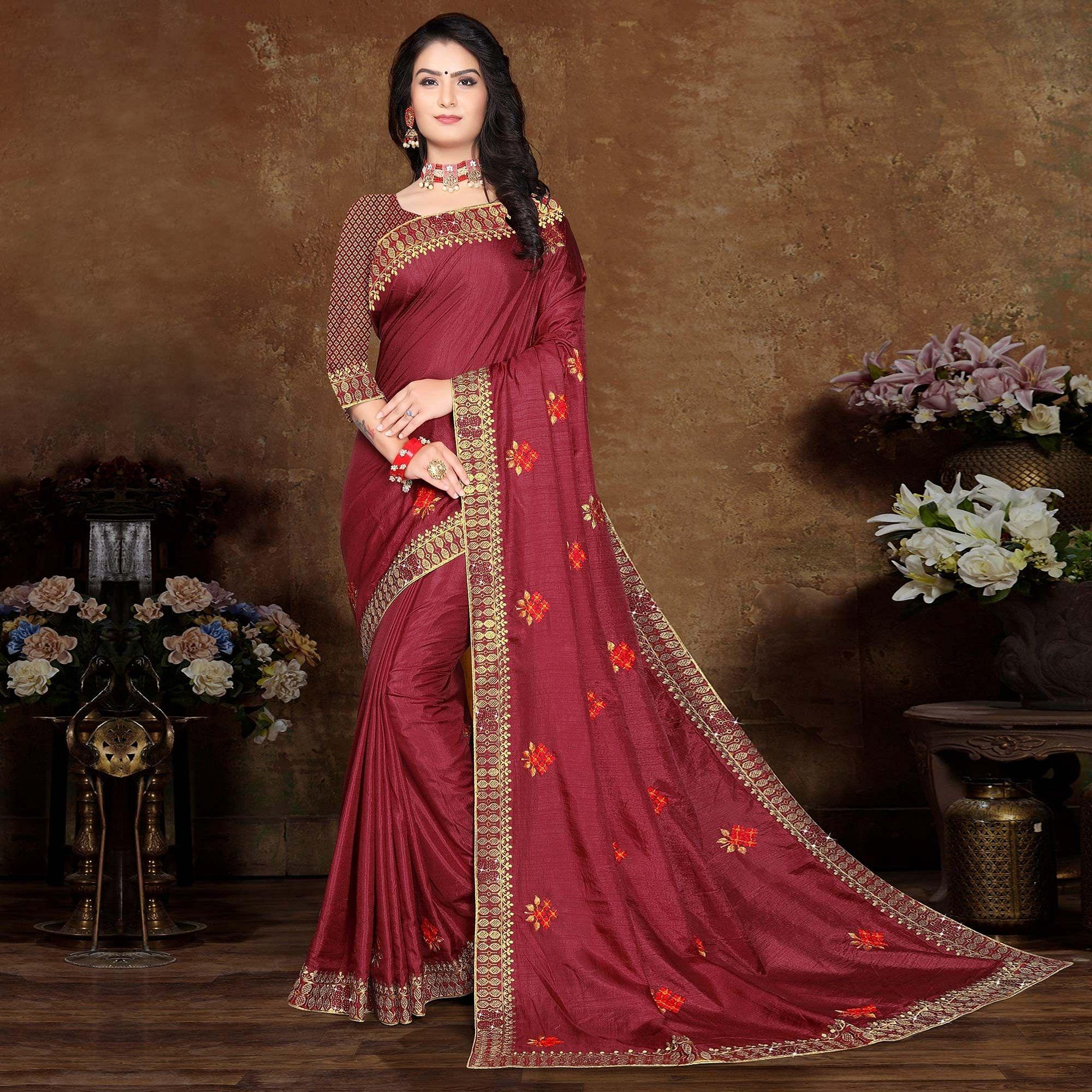 Maroon Festive Wear Embroidered Vichitra Silk Saree - Peachmode