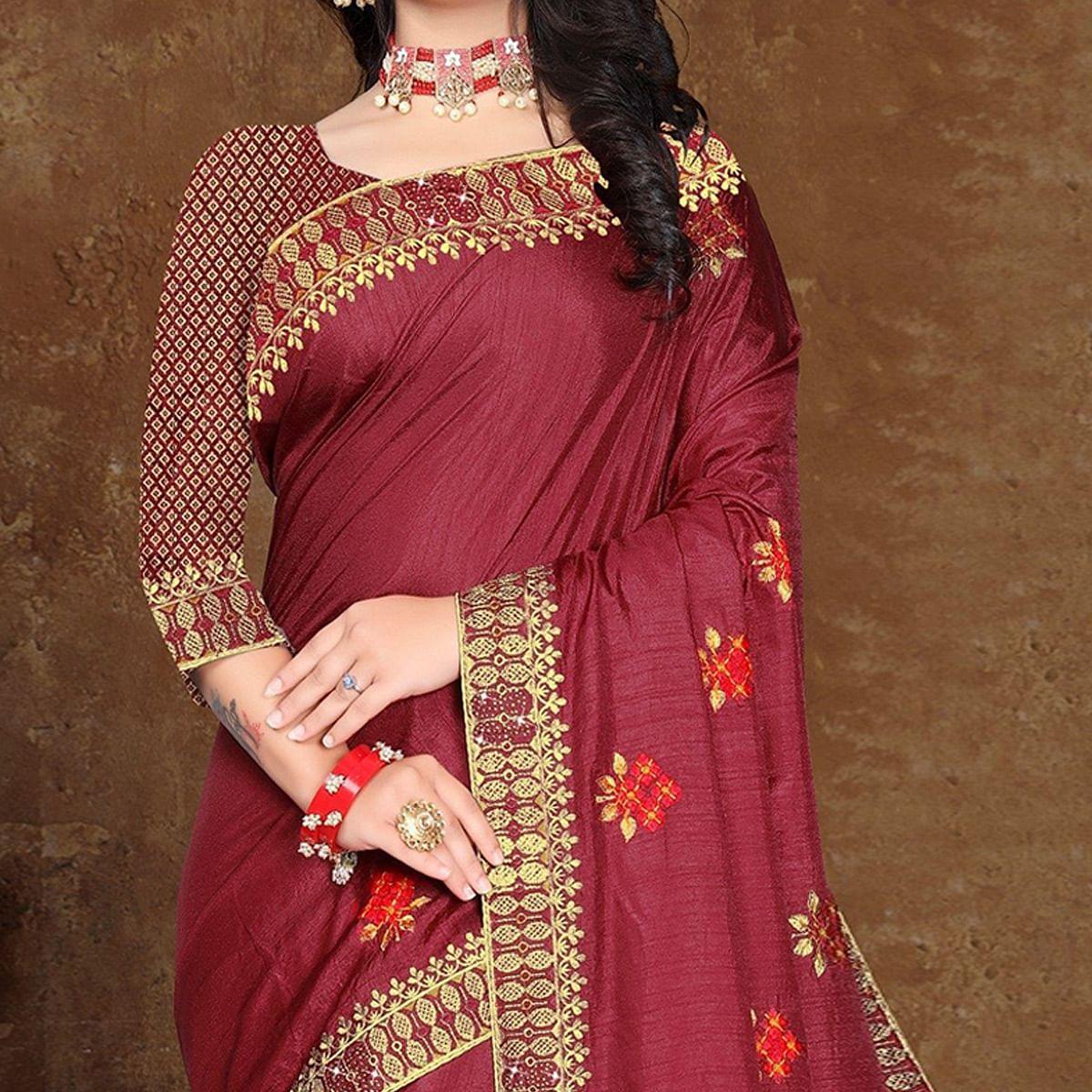 Maroon Festive Wear Embroidered Vichitra Silk Saree - Peachmode