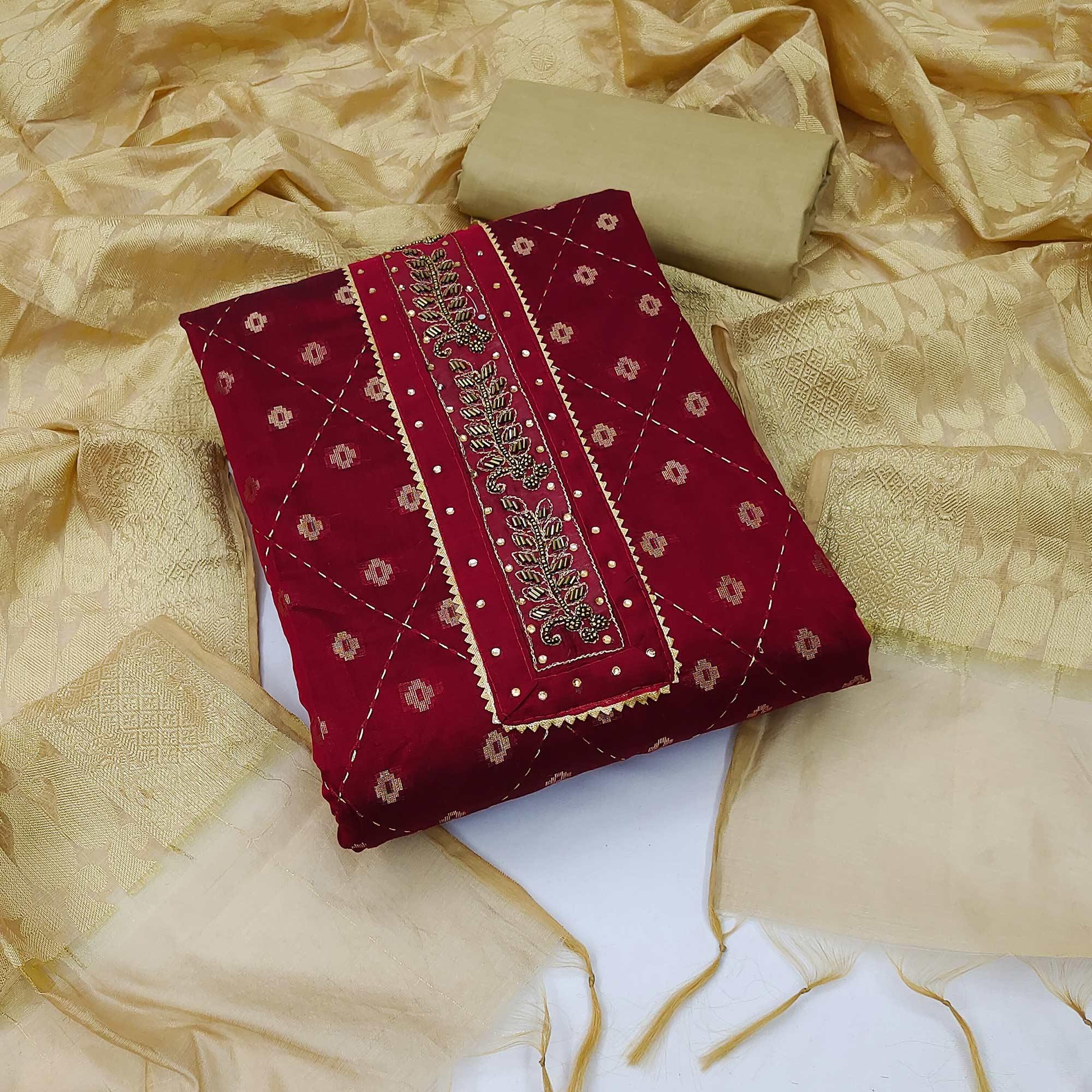 Maroon Festive Wear Embroidery With Embellished Chanderi Dress Material - Peachmode
