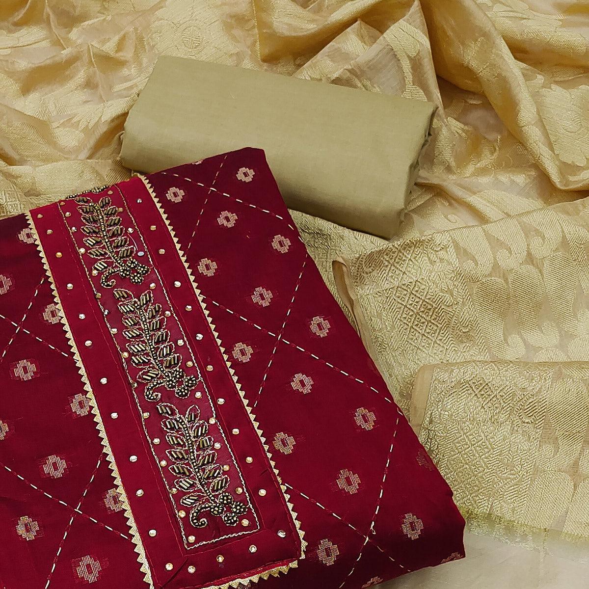 Maroon Festive Wear Embroidery With Embellished Chanderi Dress Material - Peachmode