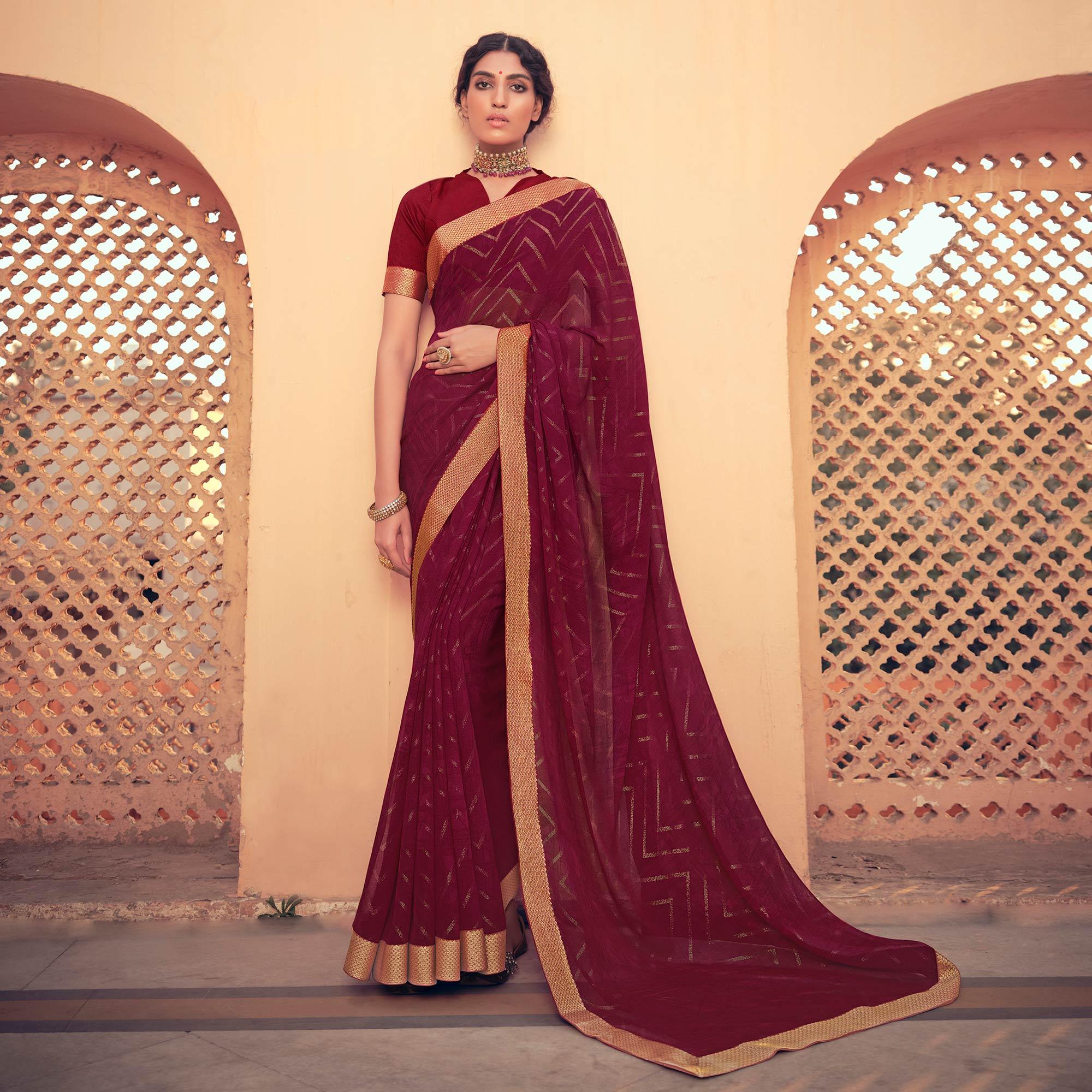 Maroon Festive Wear Fancy Smoke Printed Georgette Saree Fancy Lace - Peachmode