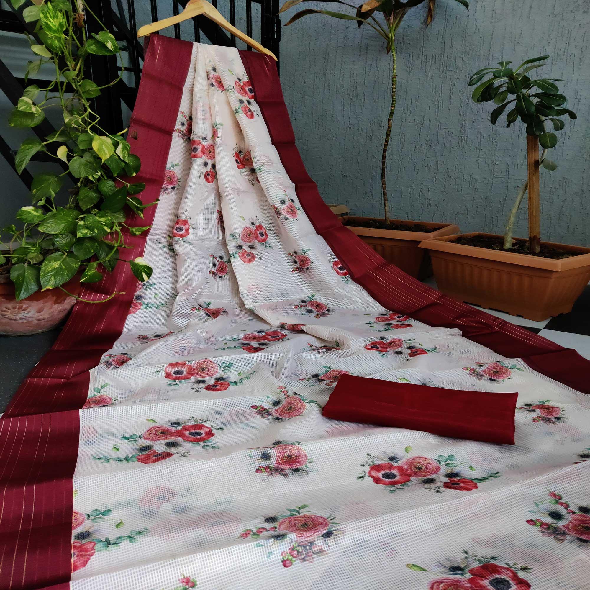 Maroon Festive Wear Floral Digital Print With Woven Border Silk Saree - Peachmode