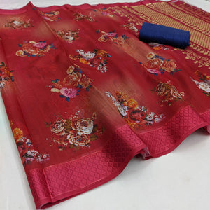 Maroon Festive Wear Floral Digital Printed With Woven Border Soft Cotton Saree - Peachmode